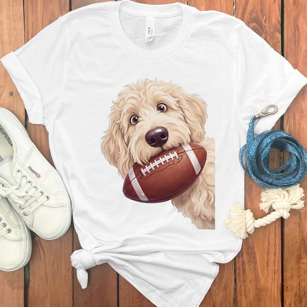 Cream Goldendoodle Football T-Shirt in White / S by Puppy Jo