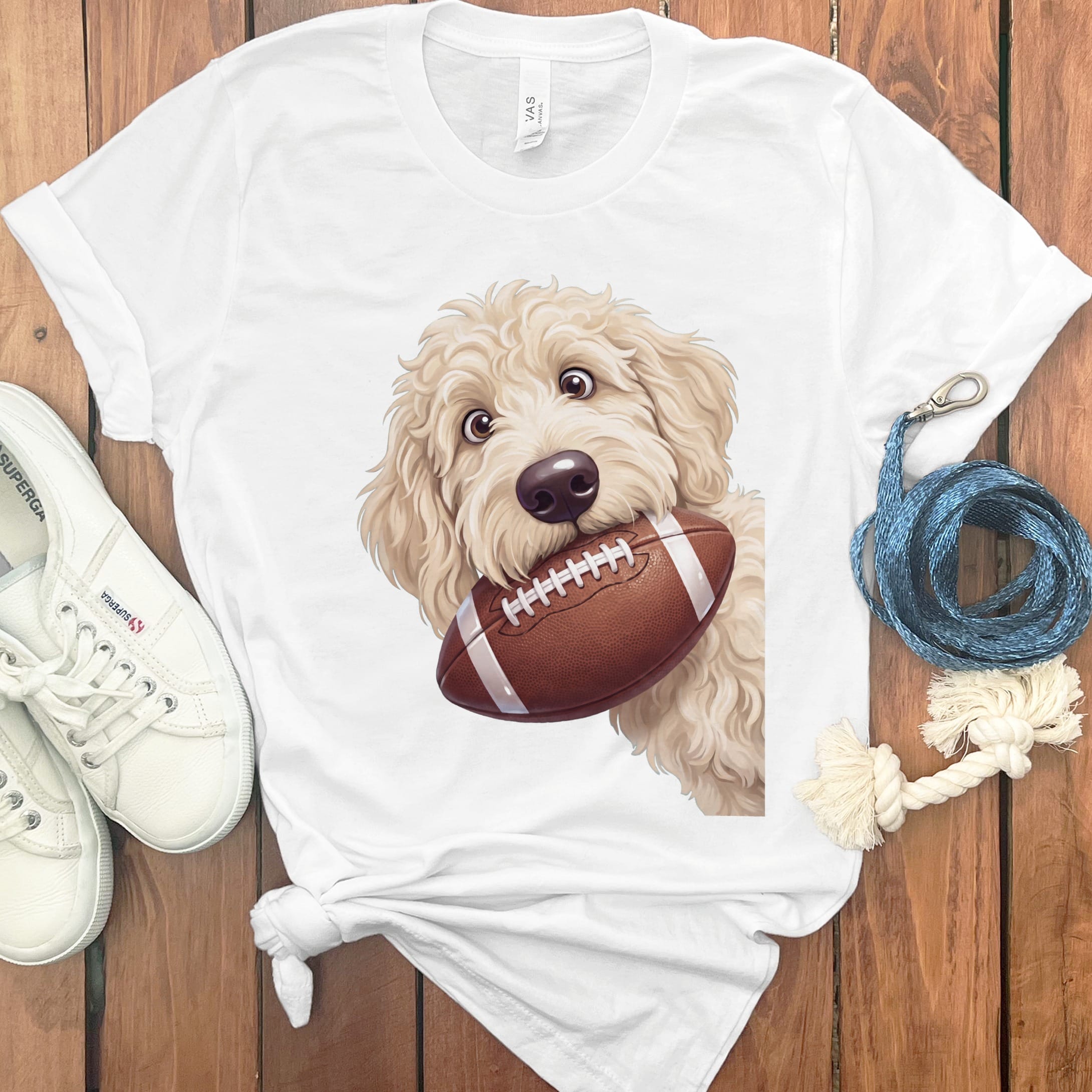 Cream Goldendoodle Football T-Shirt in White / S by Puppy Jo