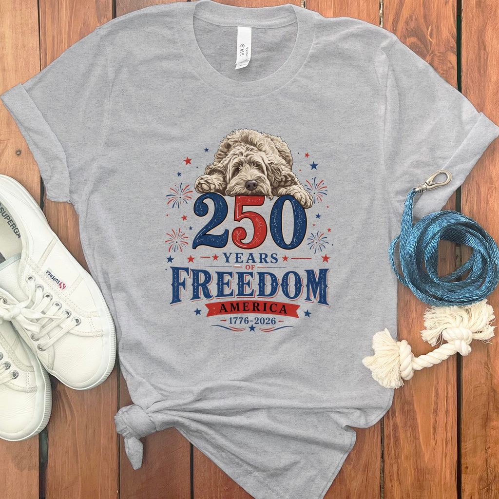 Cream Goldendoodle Freedom T-Shirt in Athletic Heather / S by Puppy Jo