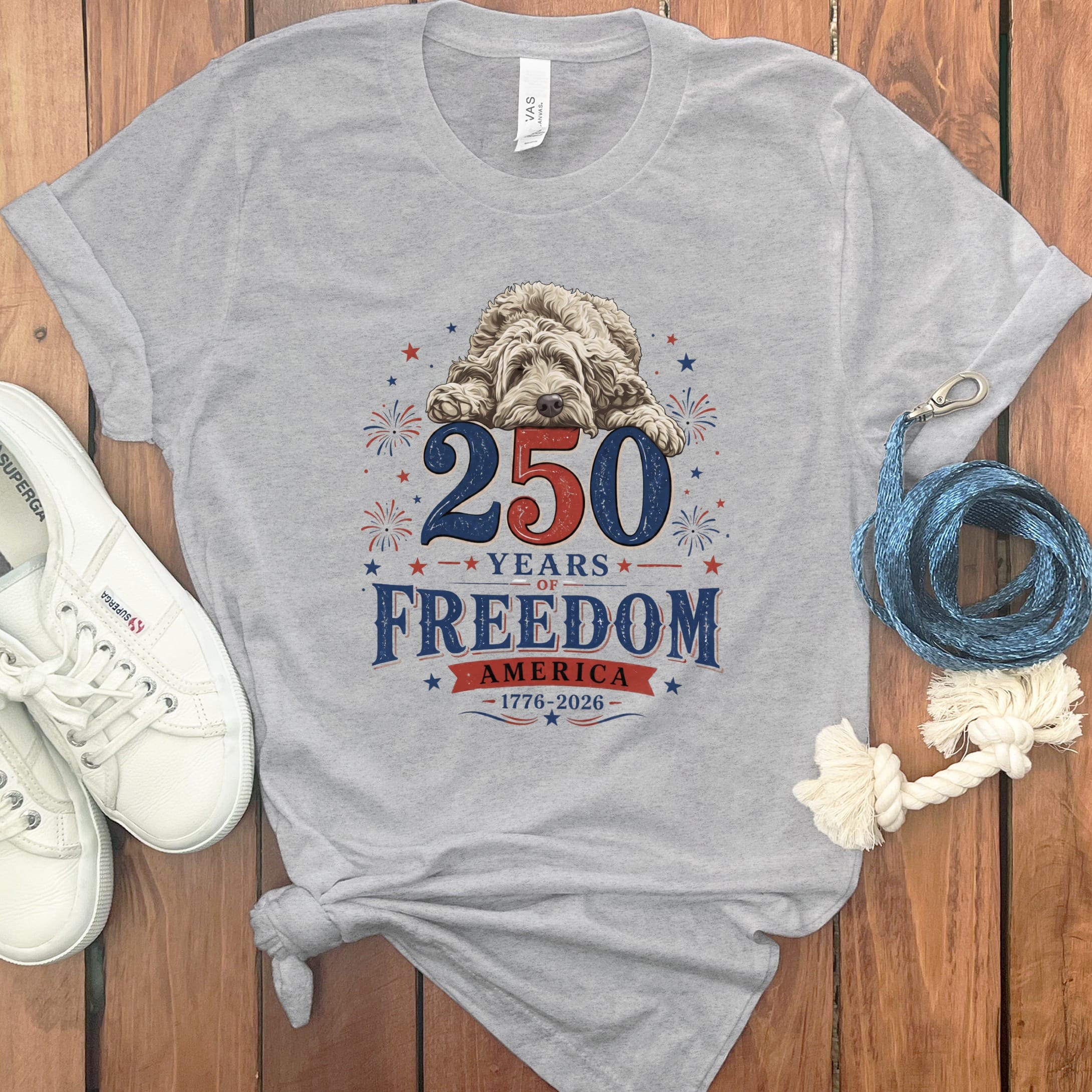 Cream Goldendoodle Freedom T-Shirt in Athletic Heather / S by Puppy Jo