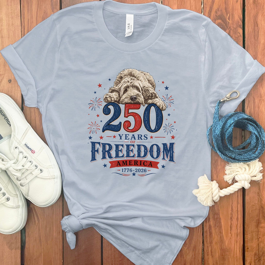 Cream Goldendoodle Freedom T-Shirt in Light Blue / S by Puppy Jo