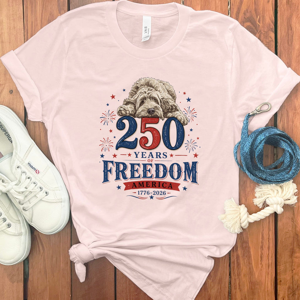 Cream Goldendoodle Freedom T-Shirt in Soft Pink / S by Puppy Jo