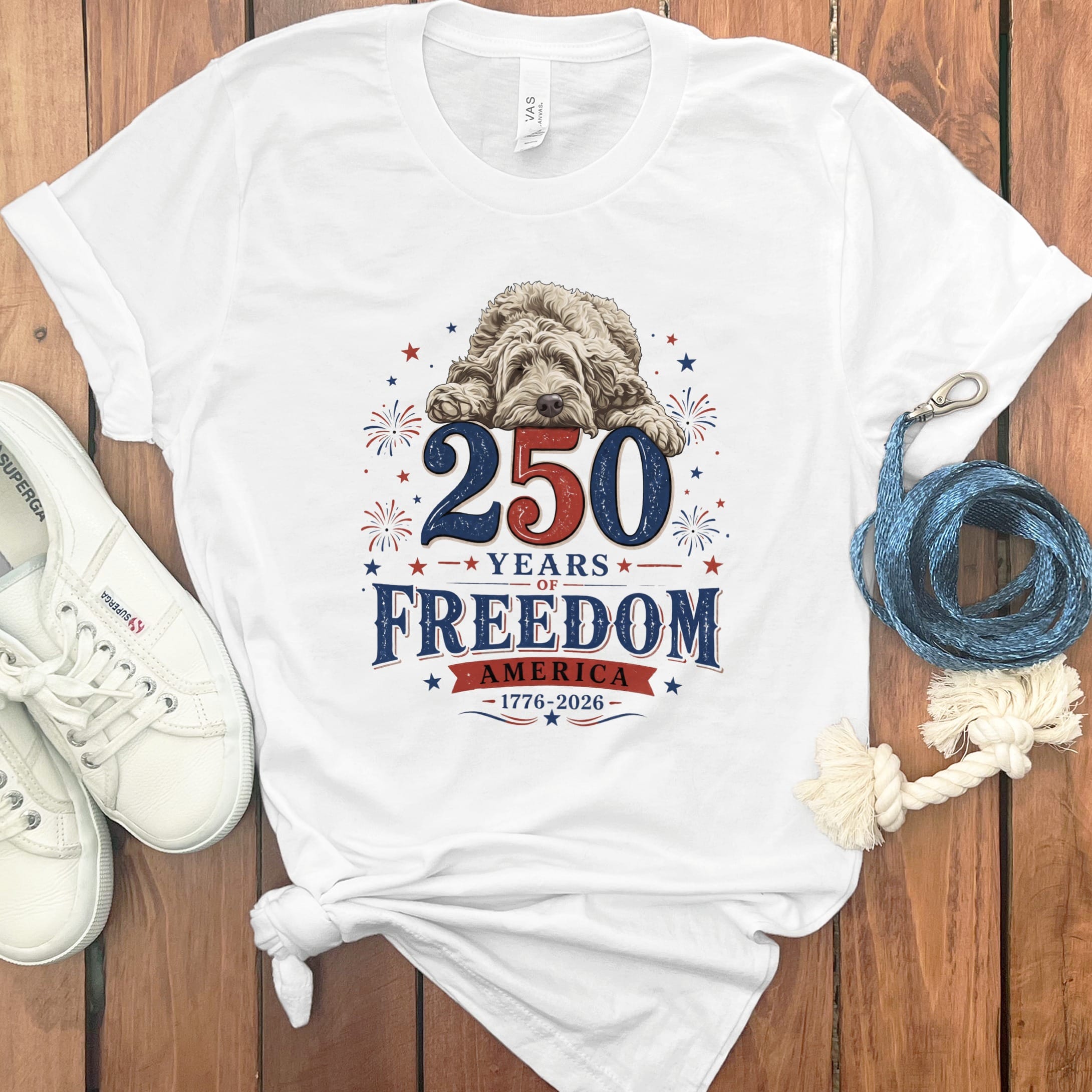 Cream Goldendoodle Freedom T-Shirt in White / S by Puppy Jo
