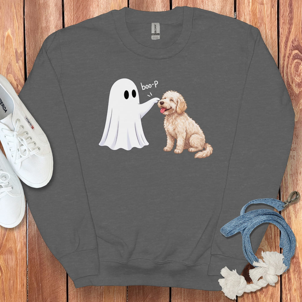 Cream Goldendoodle Ghost Boop Sweatshirt in Dark Heather / S by Puppy Jo