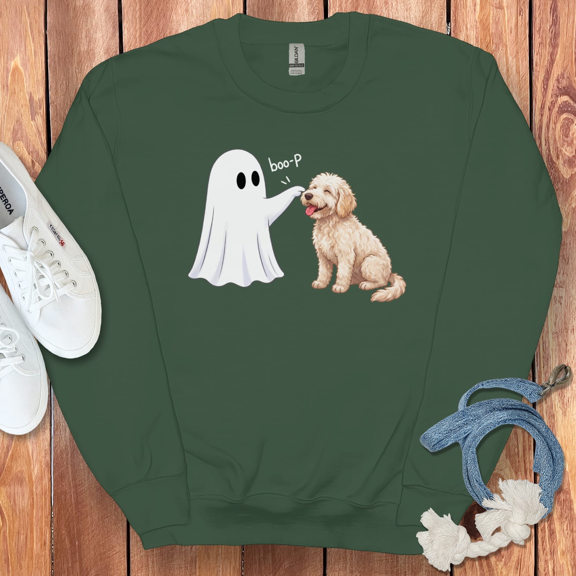 Cream Goldendoodle Ghost Boop Sweatshirt in Forest Green / S by Puppy Jo