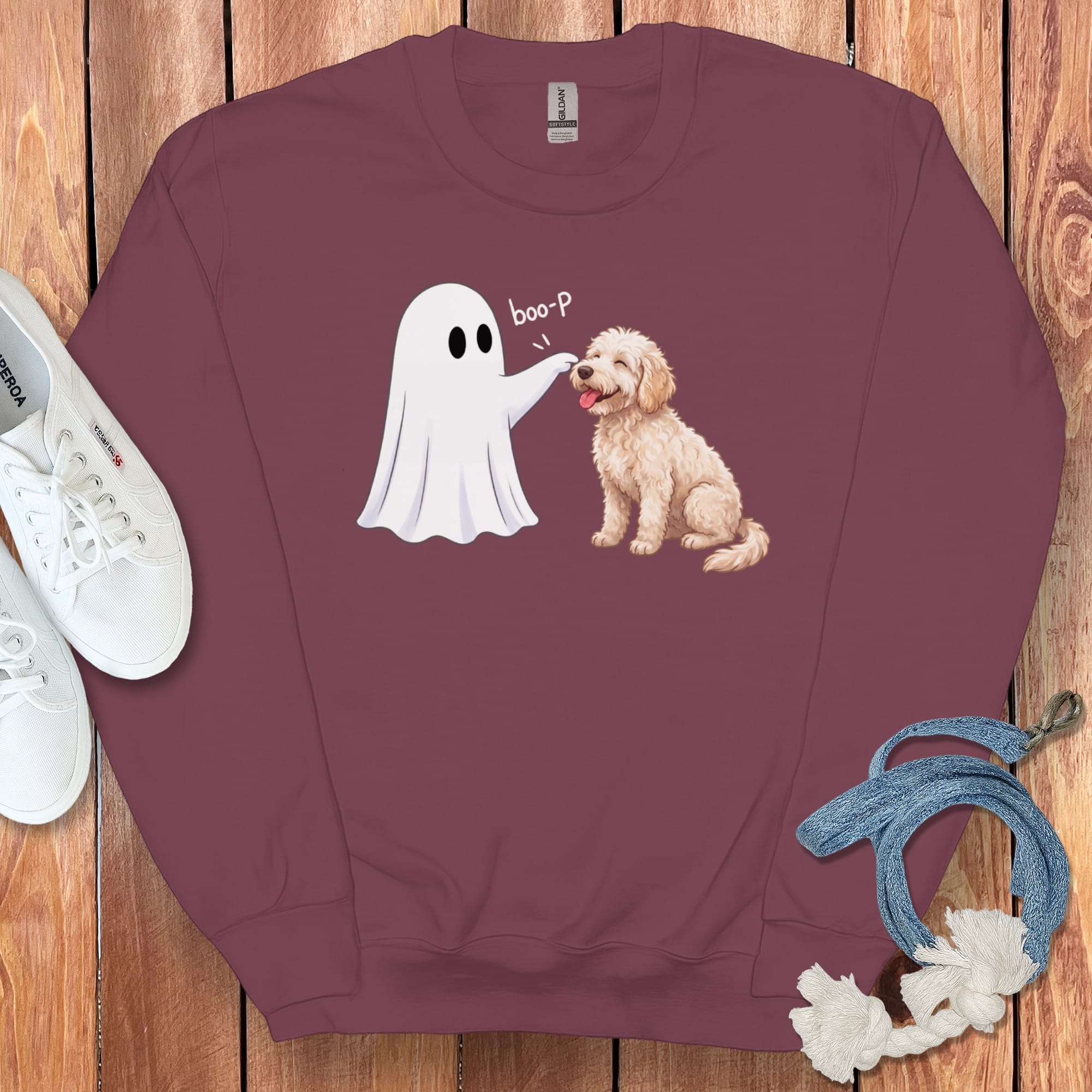 Cream Goldendoodle Ghost Boop Sweatshirt in Maroon / S by Puppy Jo
