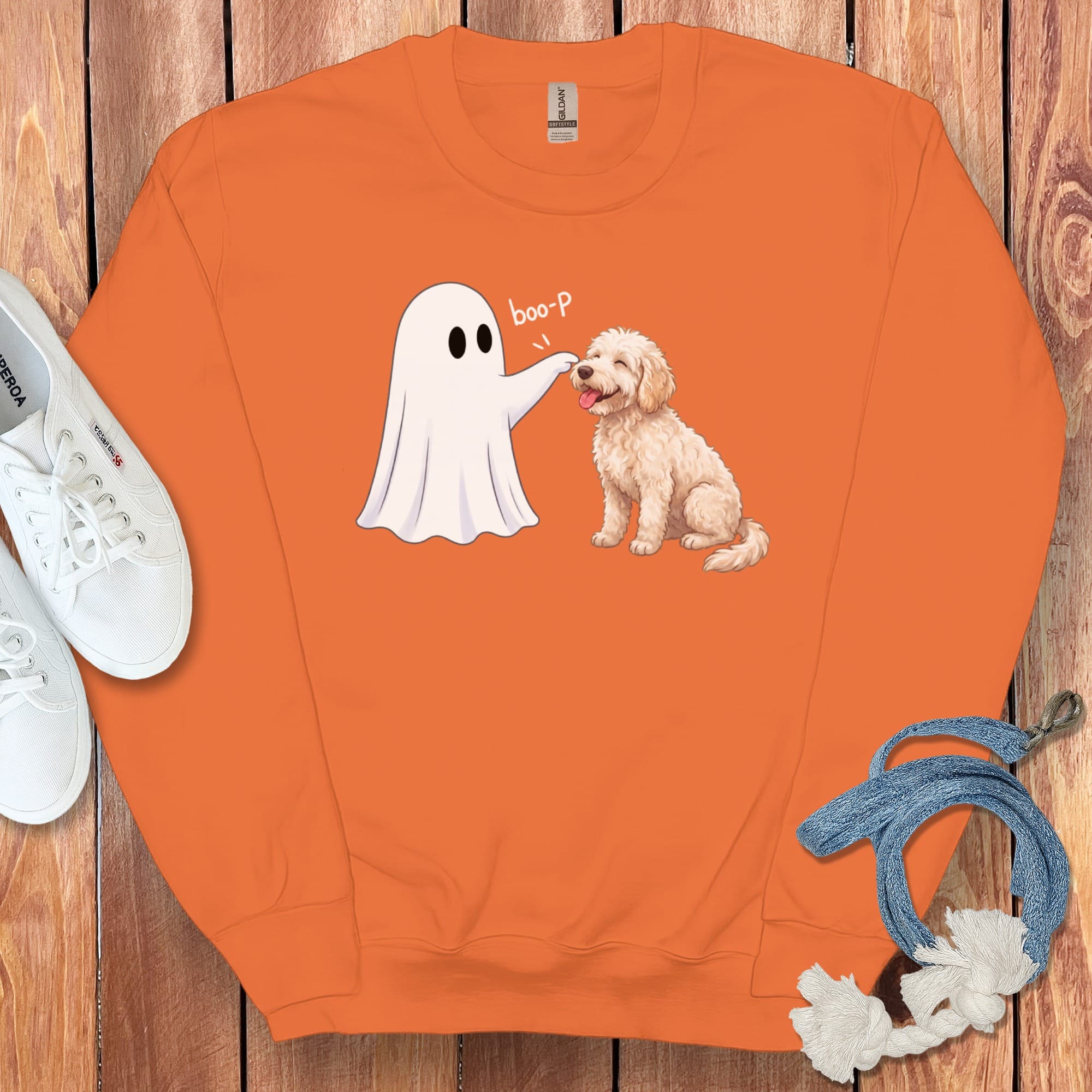 Cream Goldendoodle Ghost Boop Sweatshirt in Orange / M by Puppy Jo