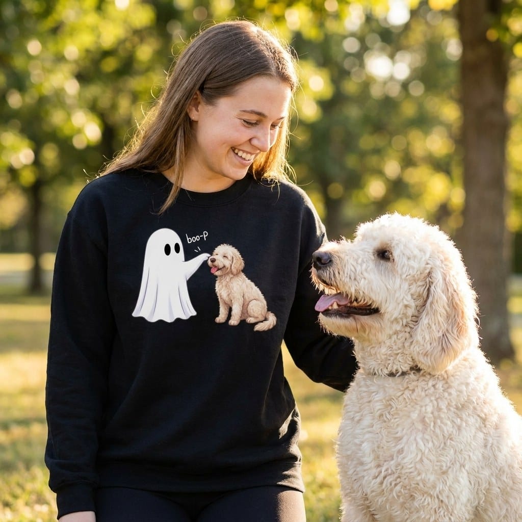 Cream Goldendoodle Ghost Boop Sweatshirt in by Puppy Jo