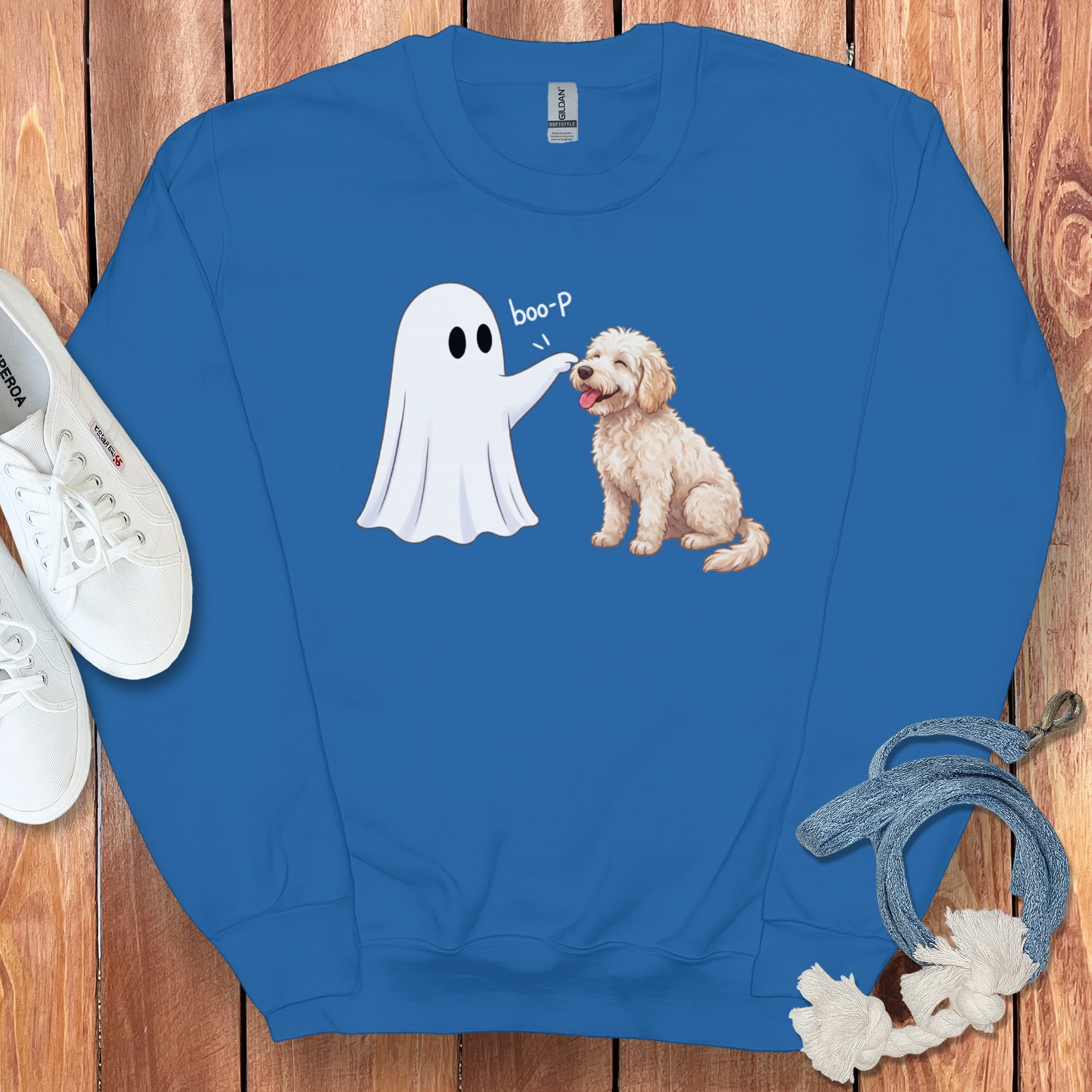 Cream Goldendoodle Ghost Boop Sweatshirt in Royal / S by Puppy Jo