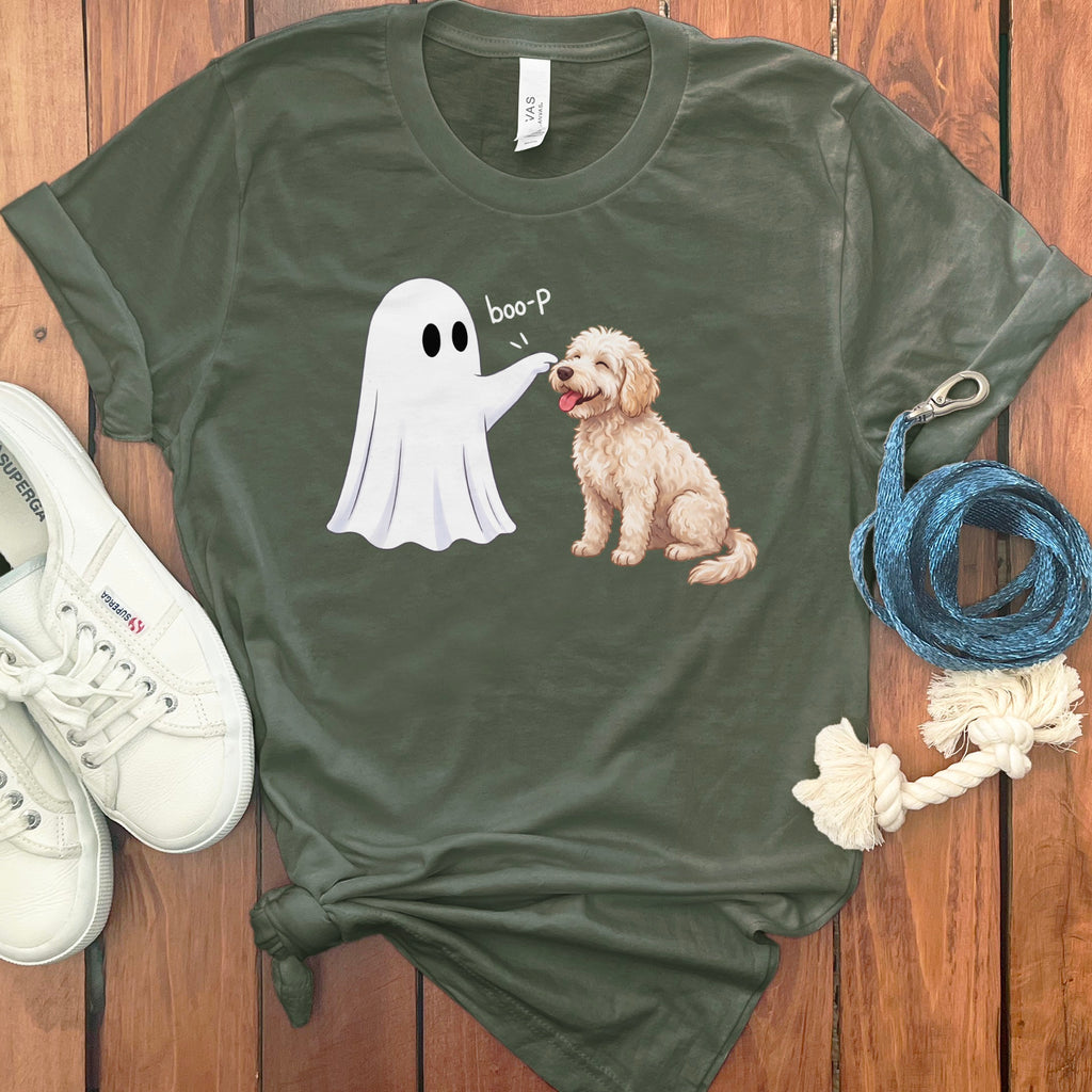 Cream Goldendoodle Ghost Boop T-Shirt in Military Green / S by Puppy Jo