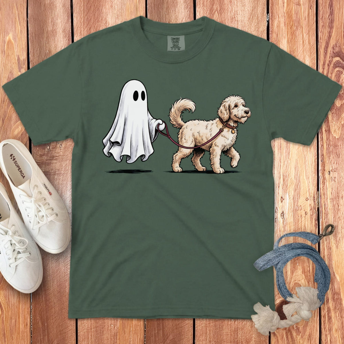 Cream Goldendoodle Ghost Walk Signature T-Shirt in Blue Spruce / S by Puppy Jo