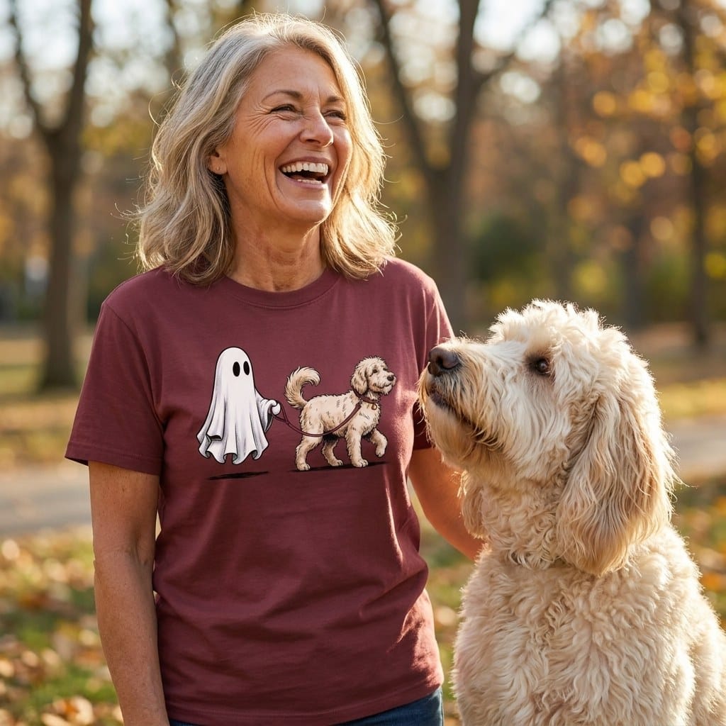Cream Goldendoodle Ghost Walk Signature T-Shirt in by Puppy Jo