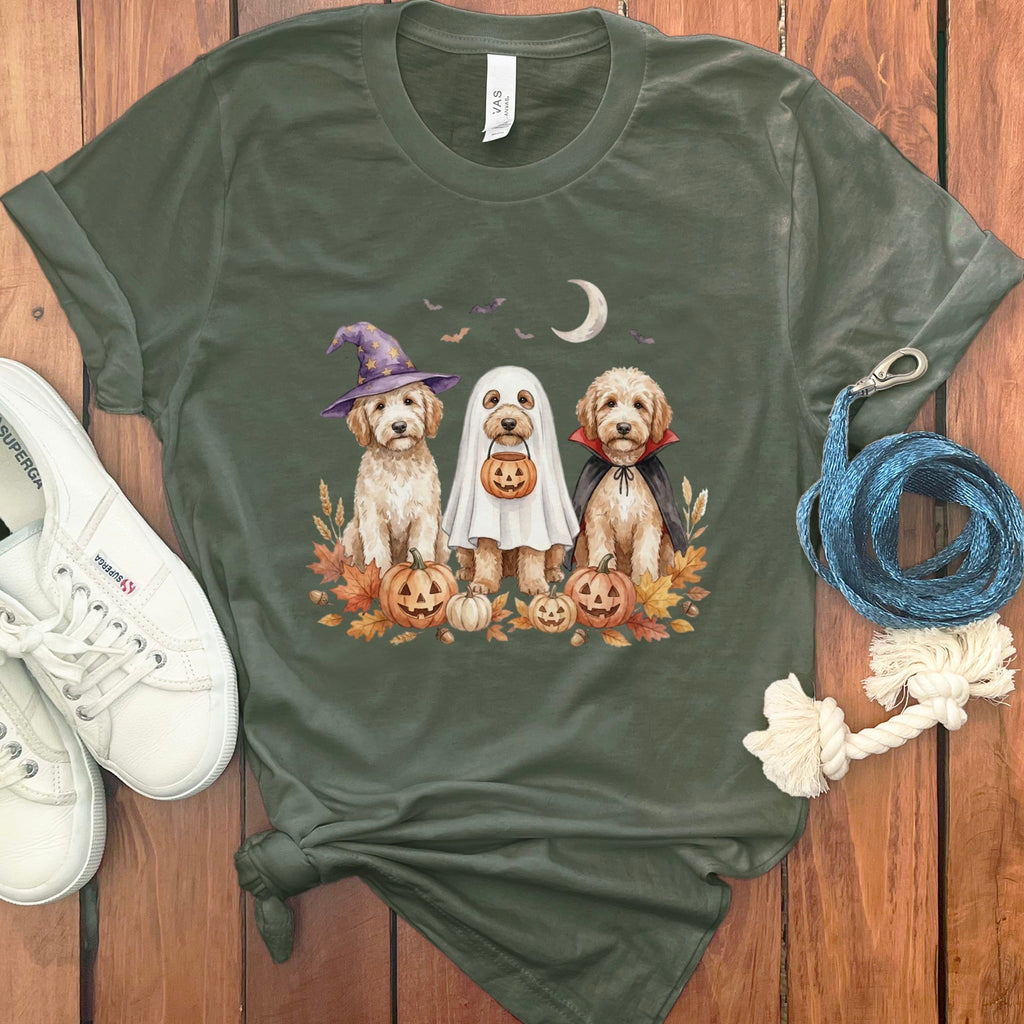 Cream Goldendoodle Halloween Crew T-Shirt in Military Green / S by Puppy Jo
