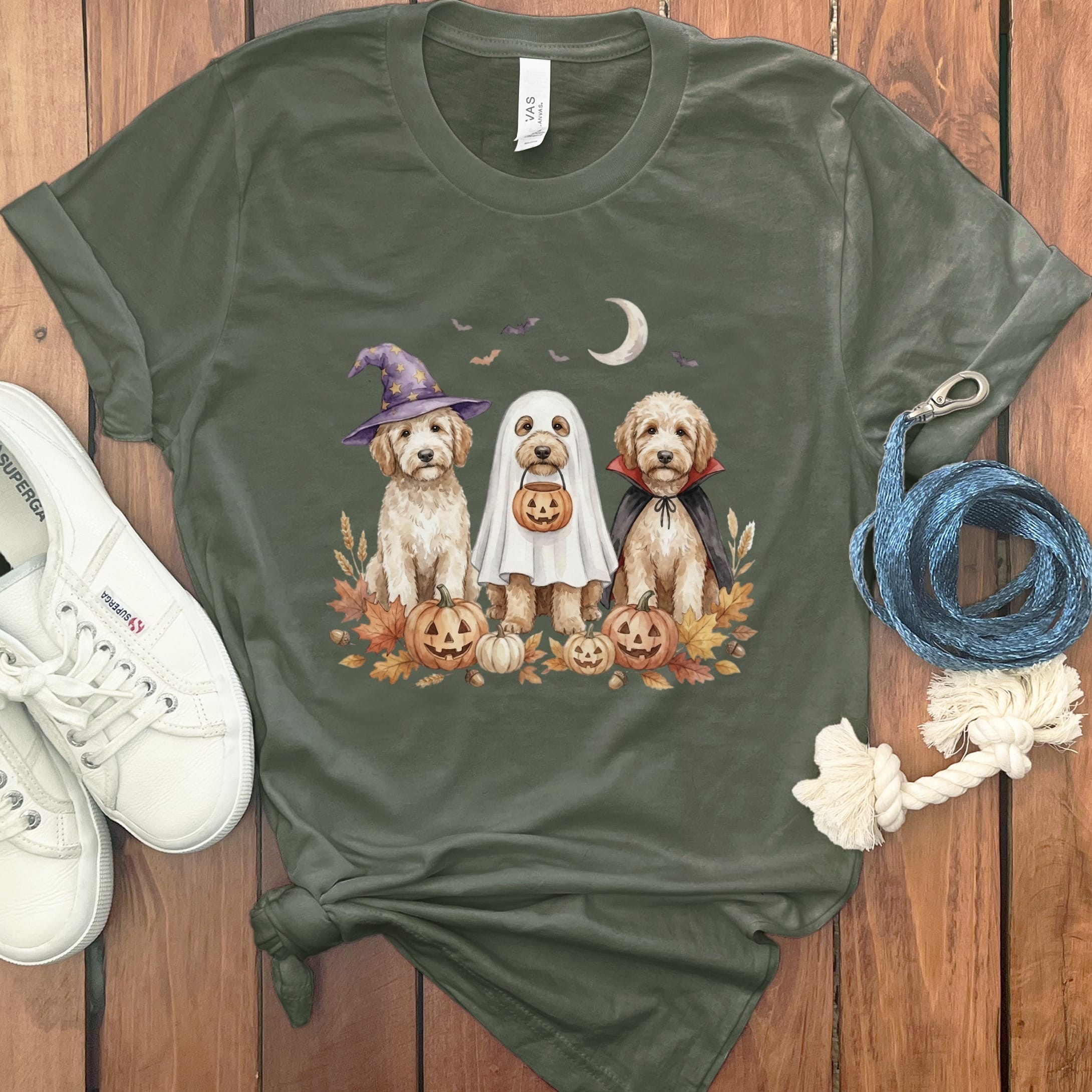 Cream Goldendoodle Halloween Crew T-Shirt in Military Green / S by Puppy Jo