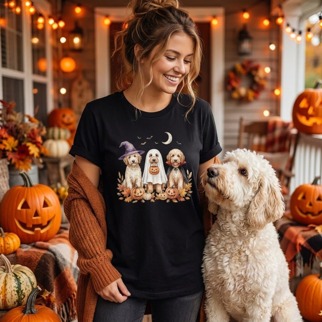 Cream Goldendoodle Halloween Crew T-Shirt in by Puppy Jo