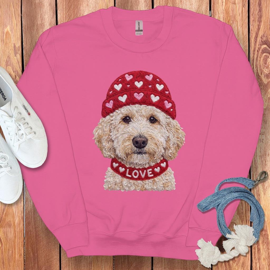 Cream Goldendoodle Heart Cap Sweatshirt in Heliconia / S by Puppy Jo