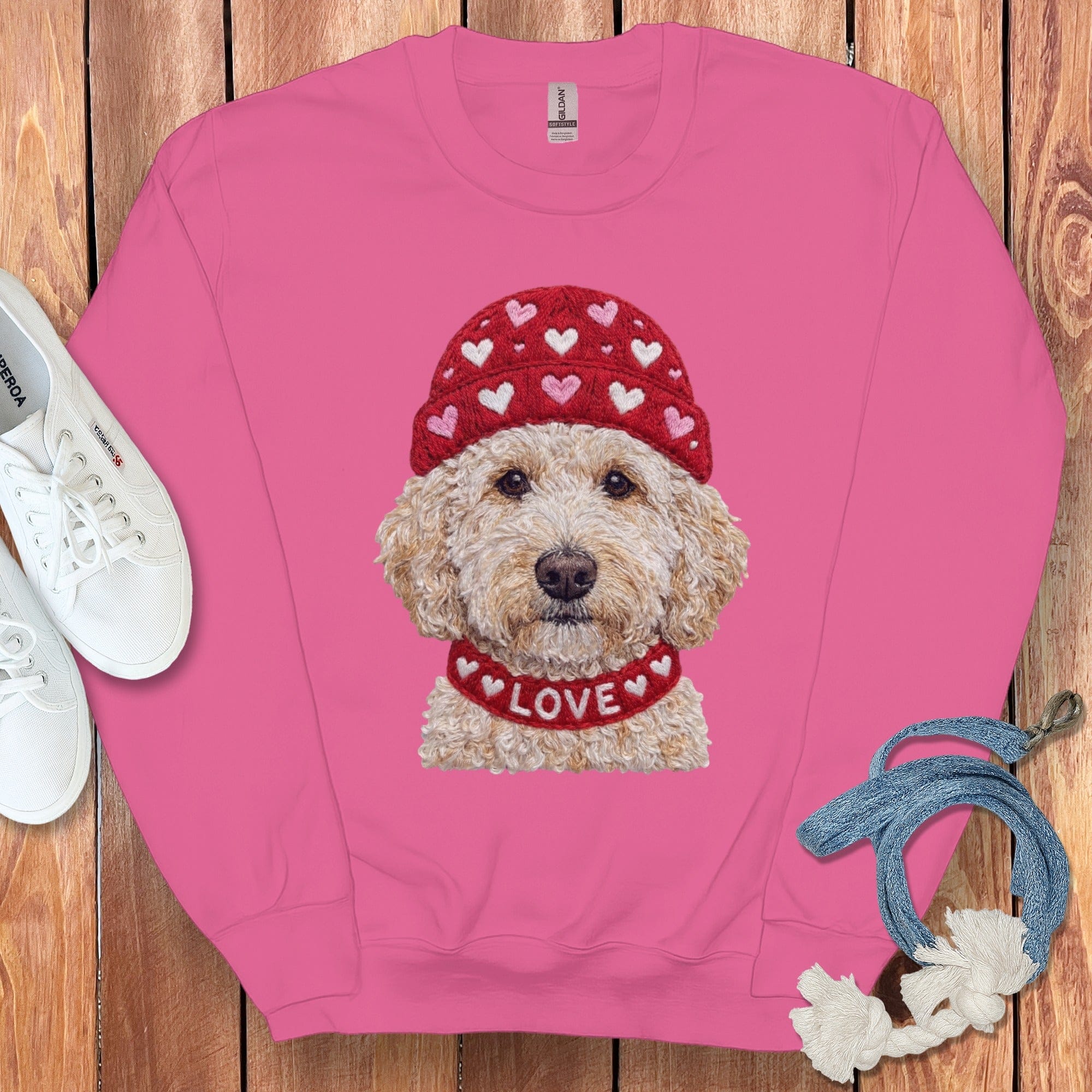 Cream Goldendoodle Heart Cap Sweatshirt in Heliconia / S by Puppy Jo