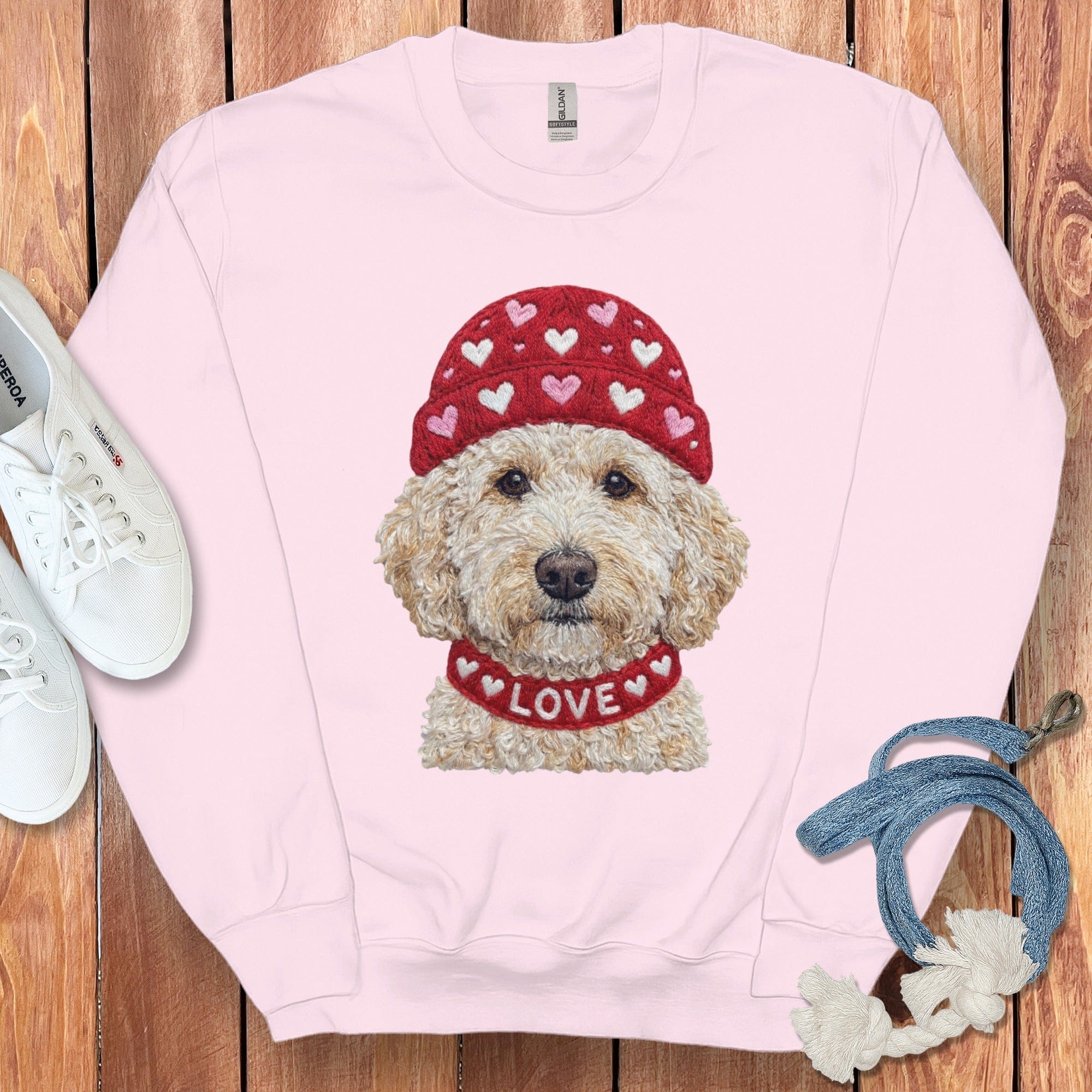 Cream Goldendoodle Heart Cap Sweatshirt in Light Pink / S by Puppy Jo