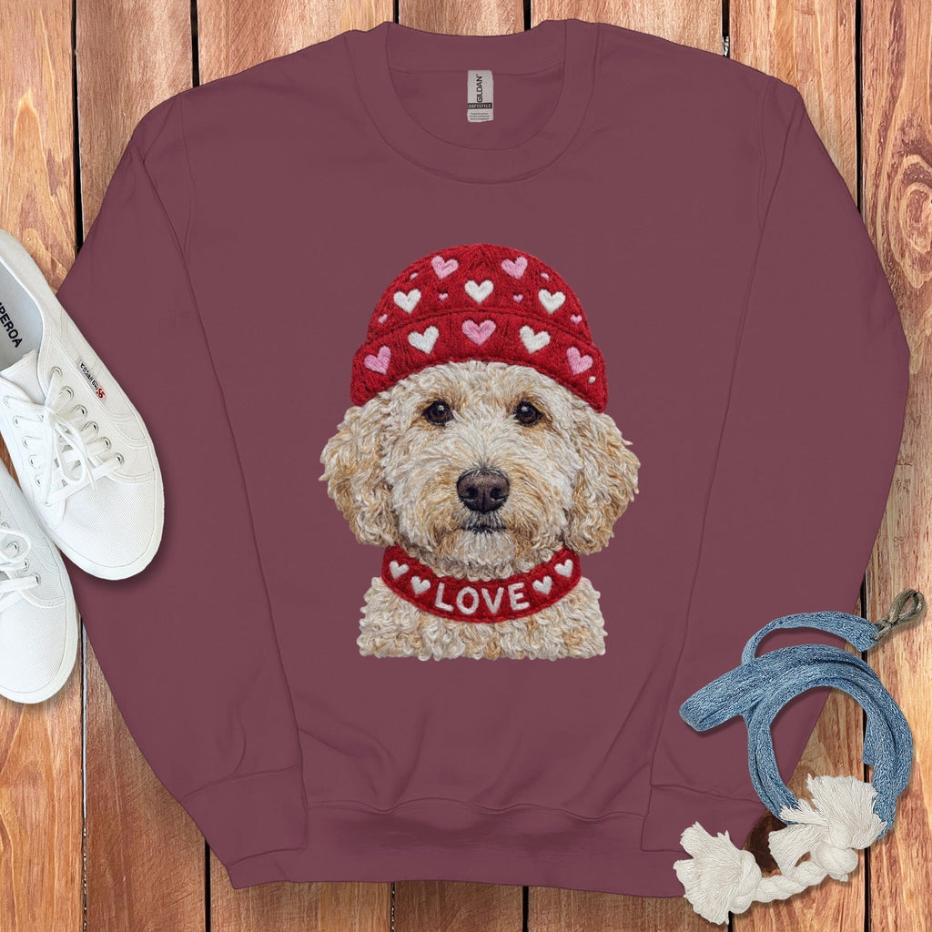 Cream Goldendoodle Heart Cap Sweatshirt in Maroon / S by Puppy Jo