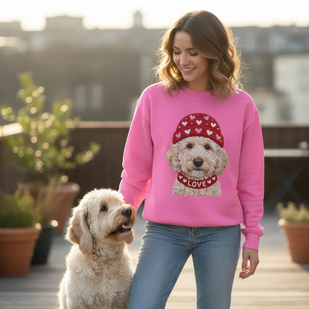 Cream Goldendoodle Heart Cap Sweatshirt in by Puppy Jo