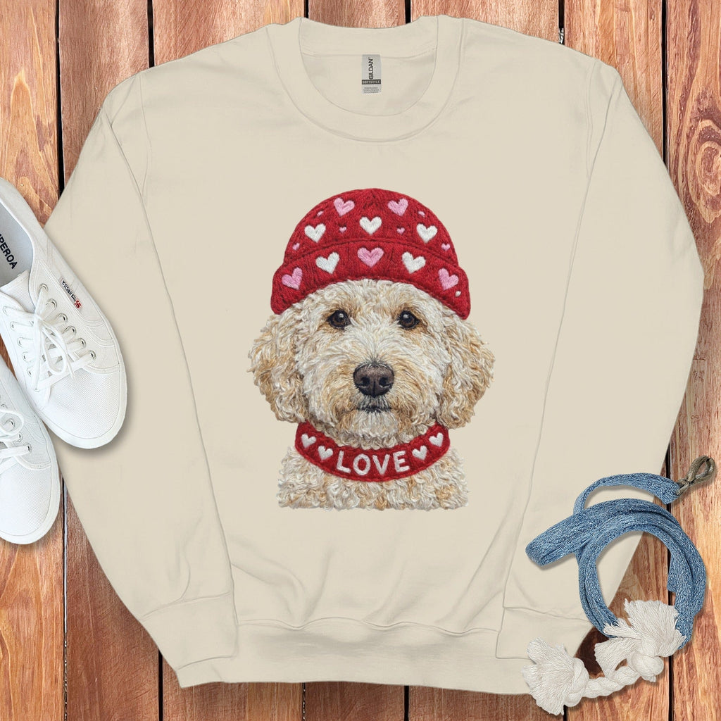 Cream Goldendoodle Heart Cap Sweatshirt in Sand / S by Puppy Jo