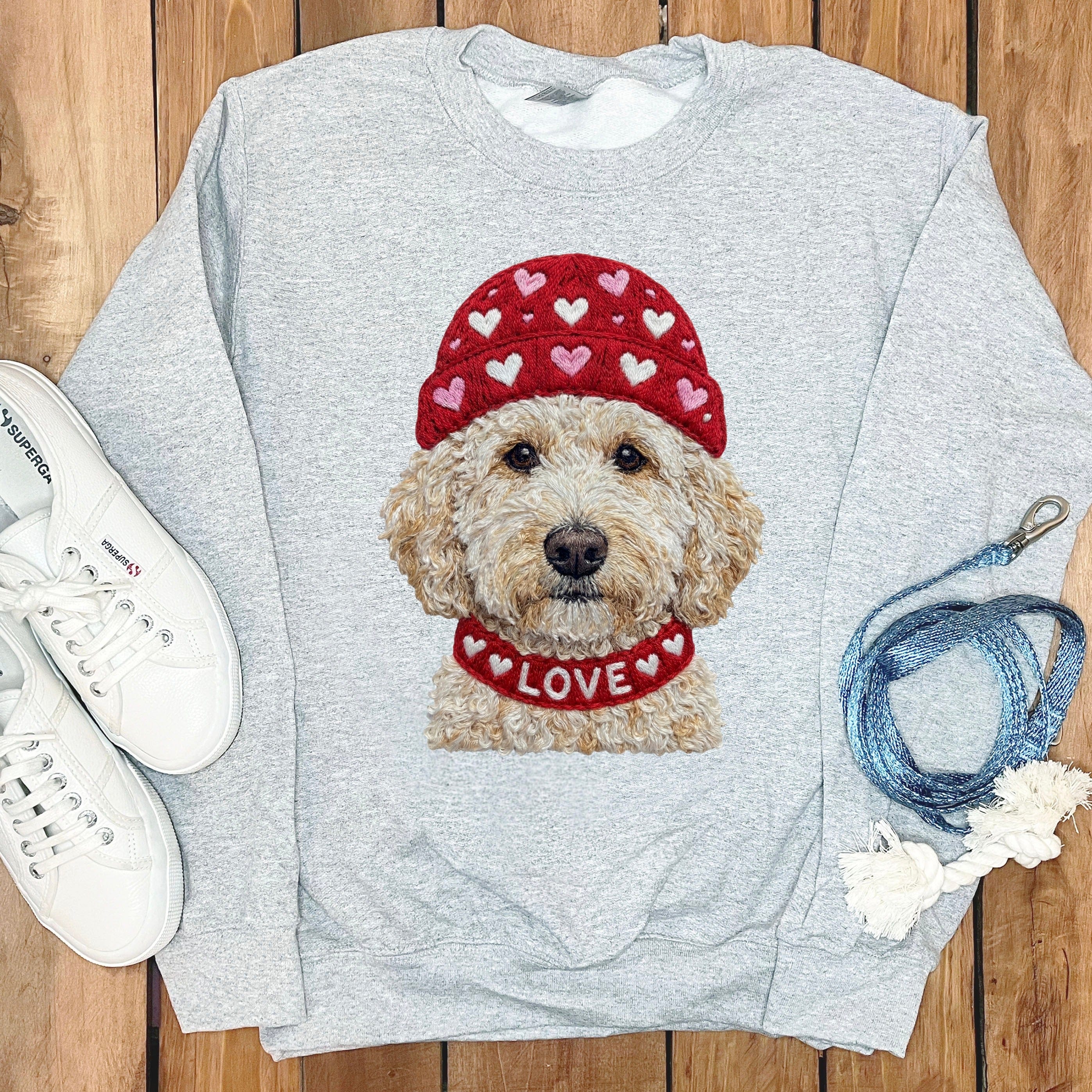 Cream Goldendoodle Heart Cap Sweatshirt in Sport Grey / S by Puppy Jo