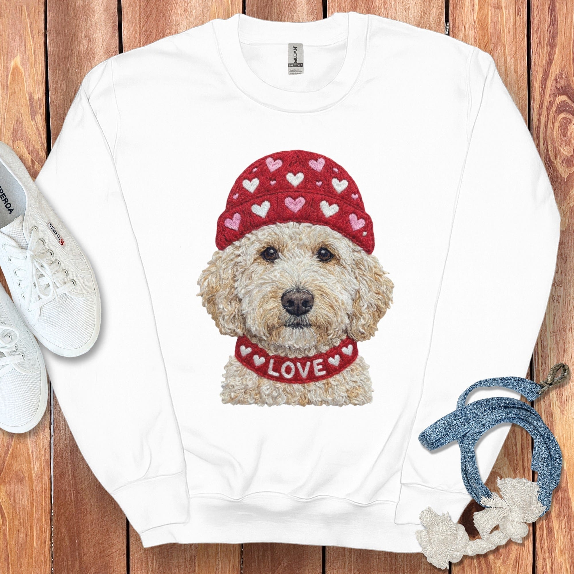 Cream Goldendoodle Heart Cap Sweatshirt in White / S by Puppy Jo