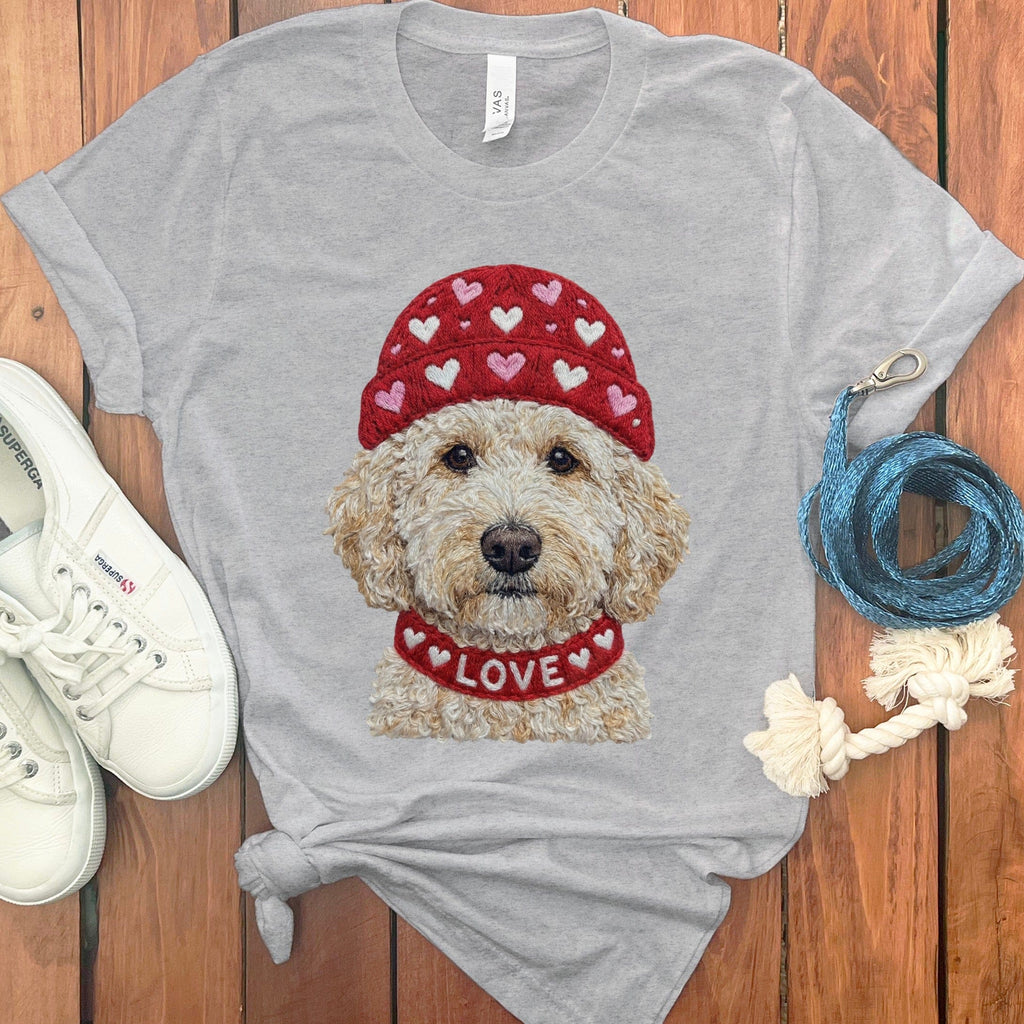 Cream Goldendoodle Heart Cap T-Shirt in Athletic Heather / S by Puppy Jo
