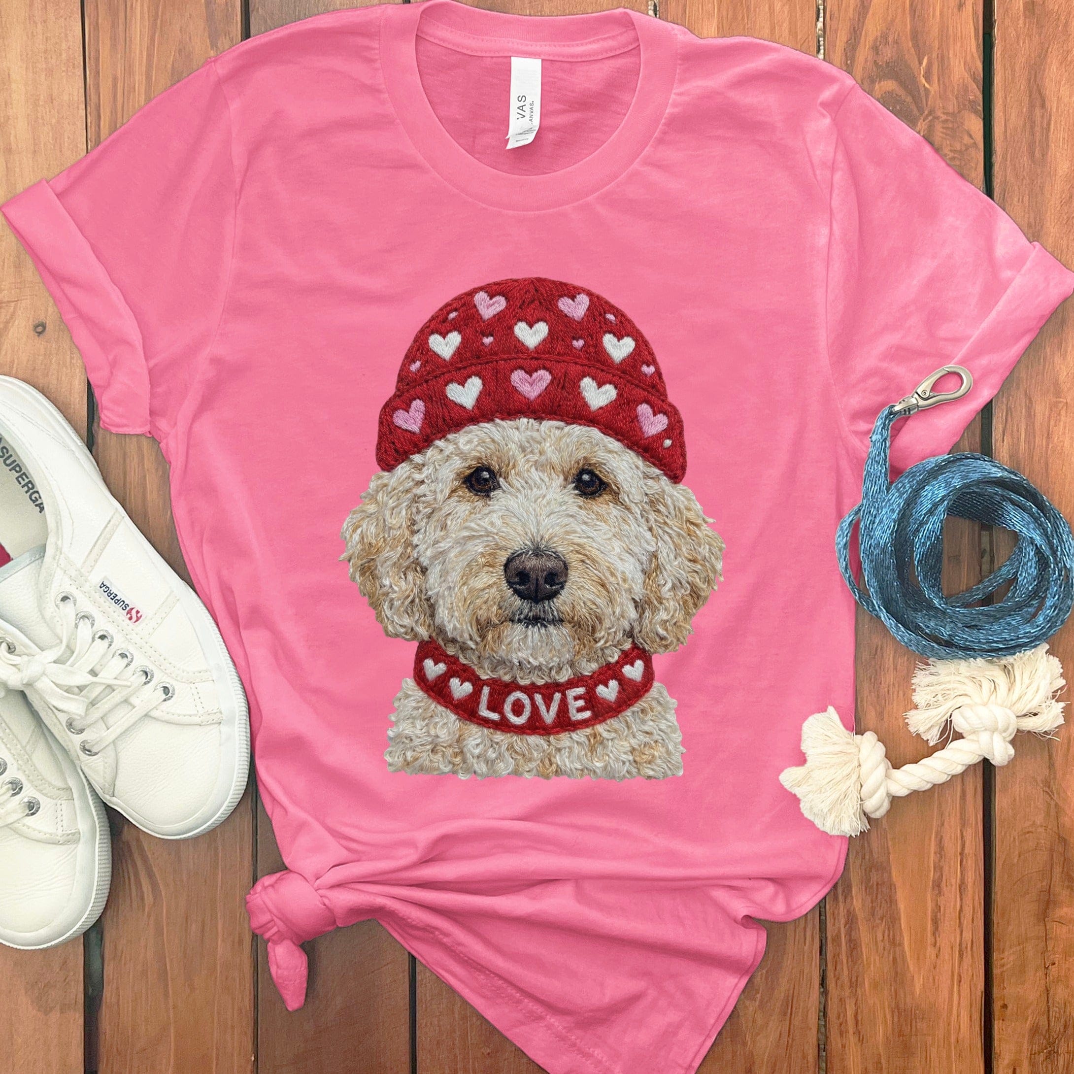 Cream Goldendoodle Heart Cap T-Shirt in Charity Pink / S by Puppy Jo