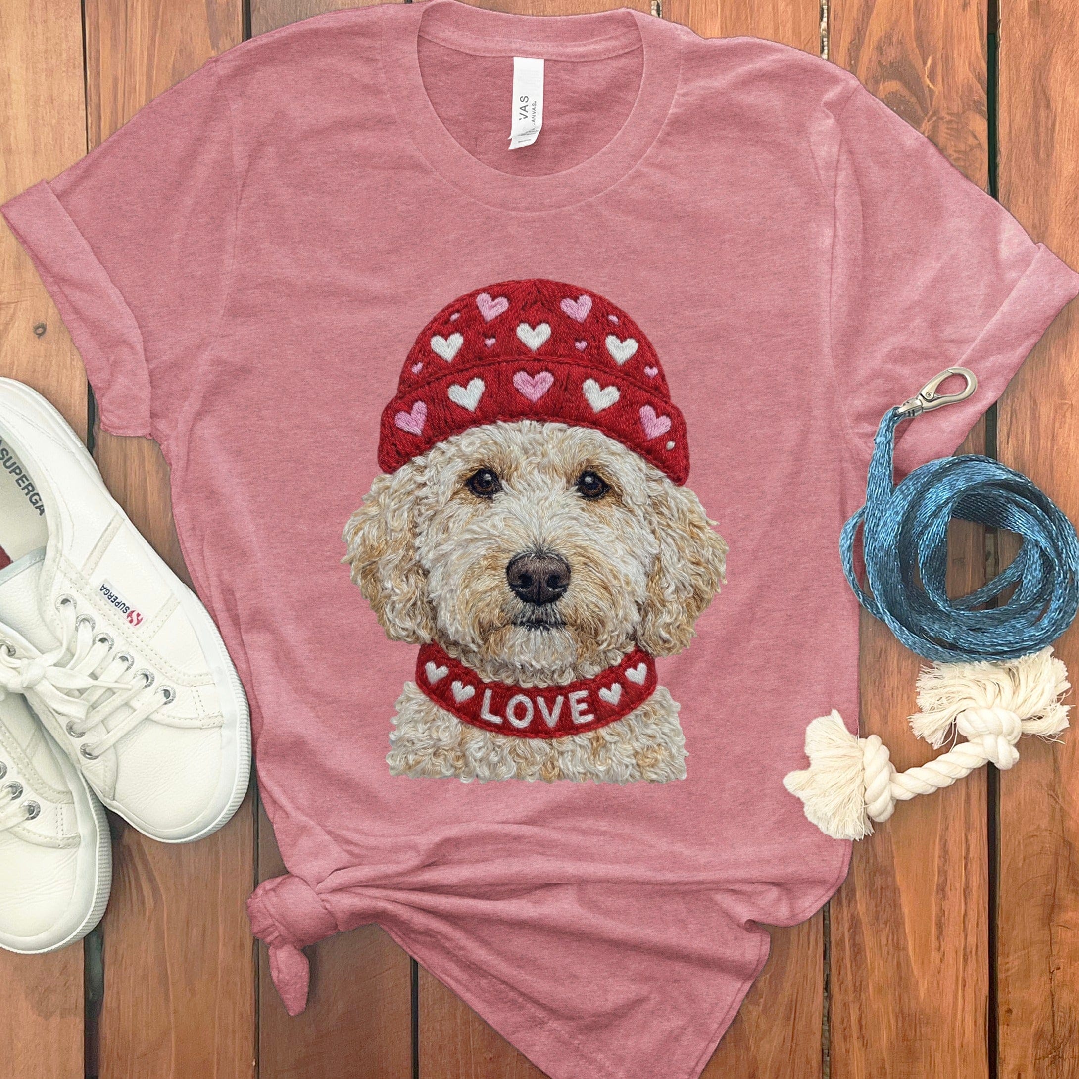 Cream Goldendoodle Heart Cap T-Shirt in Heather Mauve / S by Puppy Jo