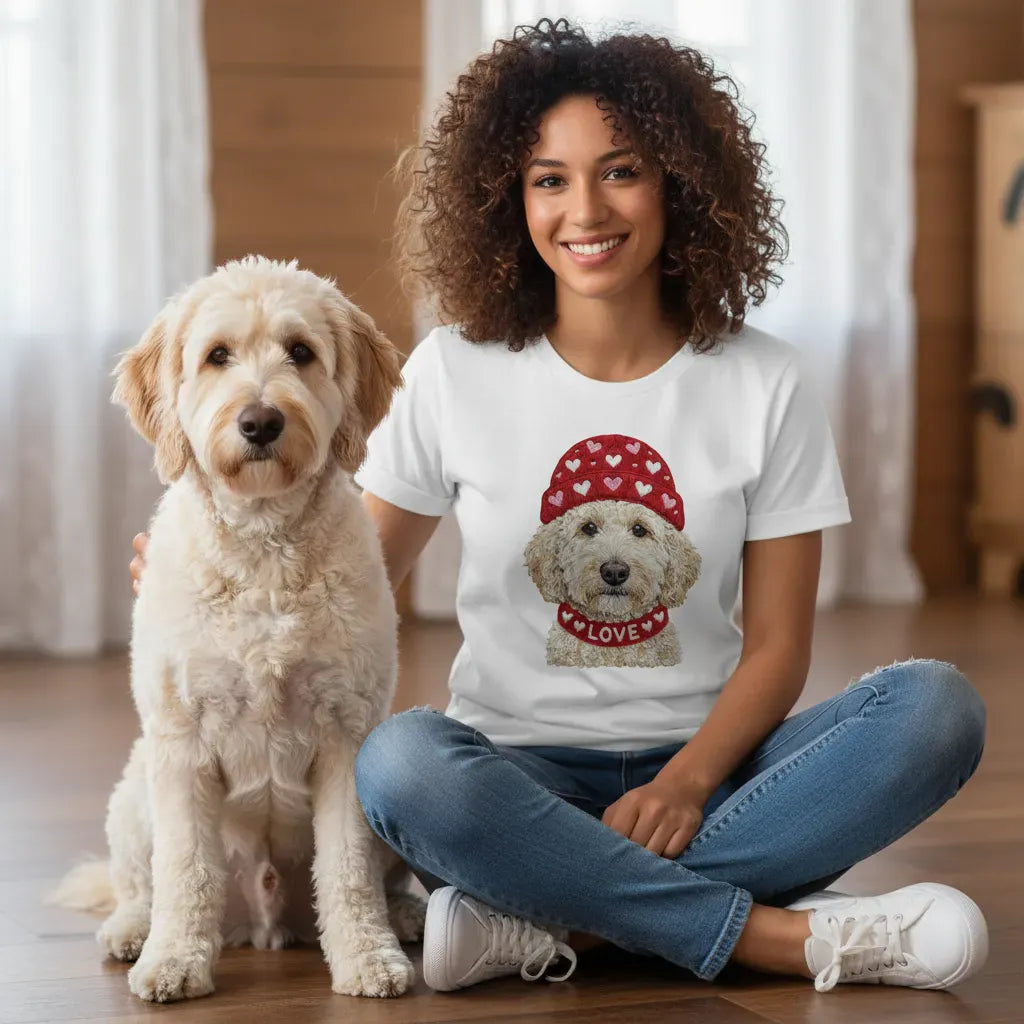 Cream Goldendoodle Heart Cap T-Shirt in by Puppy Jo
