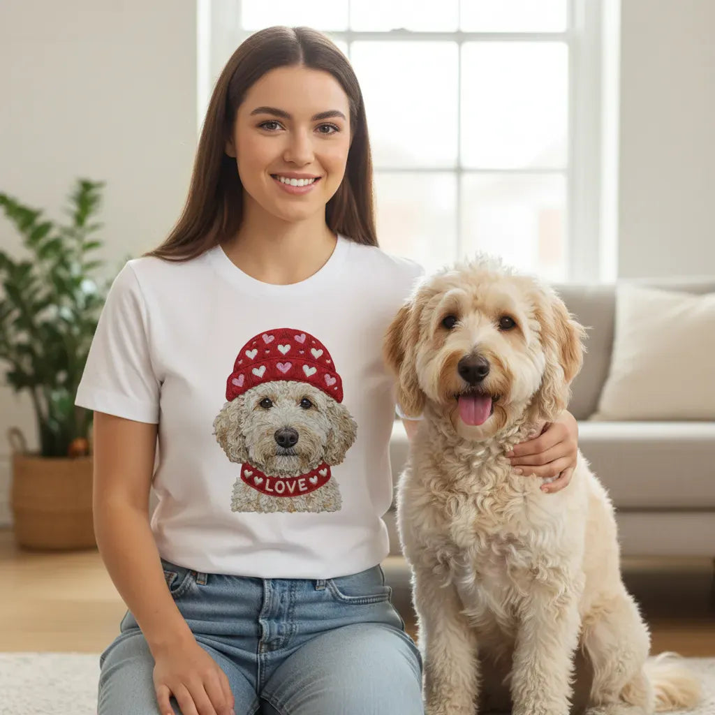 Cream Goldendoodle Heart Cap T-Shirt in by Puppy Jo