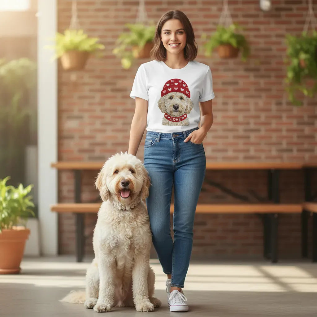 Cream Goldendoodle Heart Cap T-Shirt in by Puppy Jo