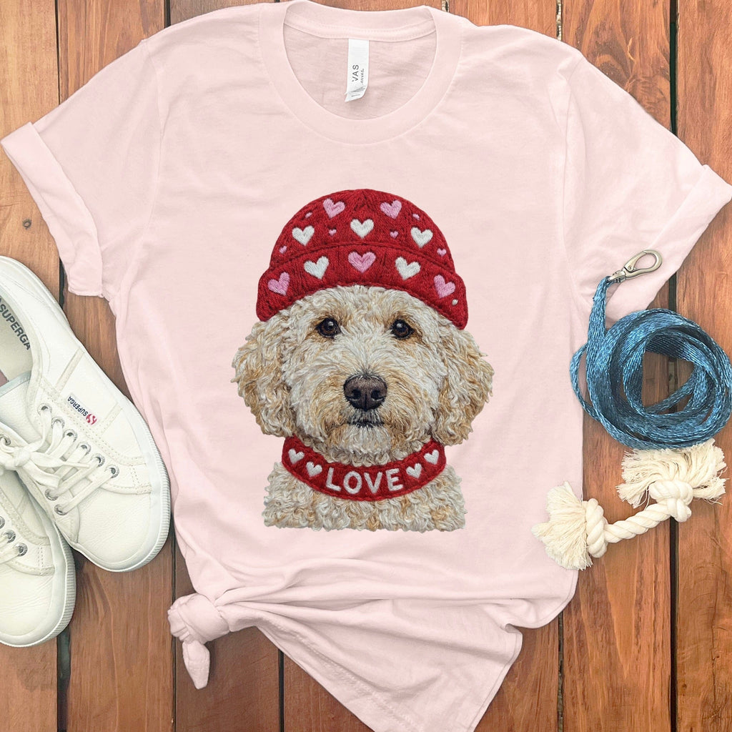 Cream Goldendoodle Heart Cap T-Shirt in Soft Pink / S by Puppy Jo