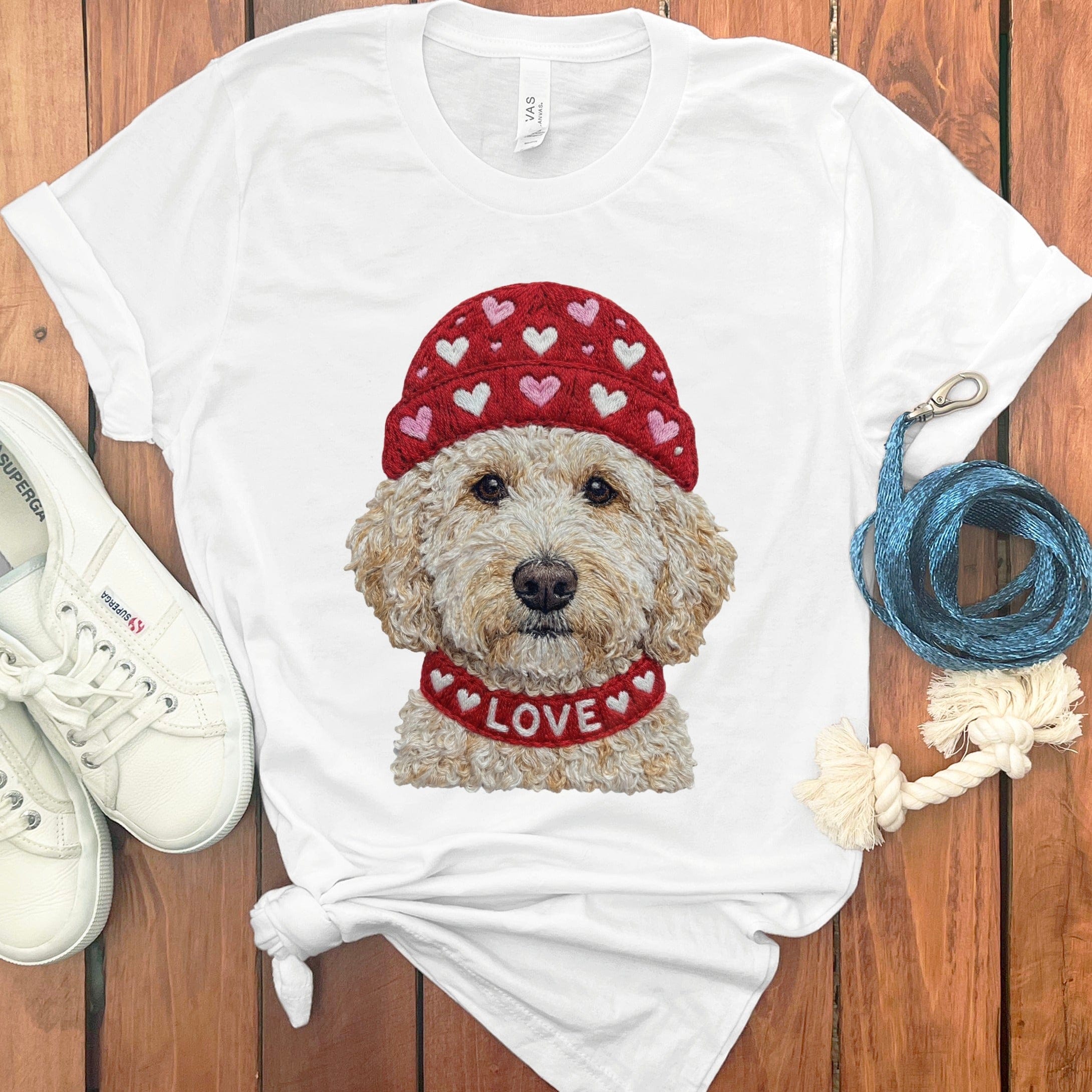 Cream Goldendoodle Heart Cap T-Shirt in White / S by Puppy Jo