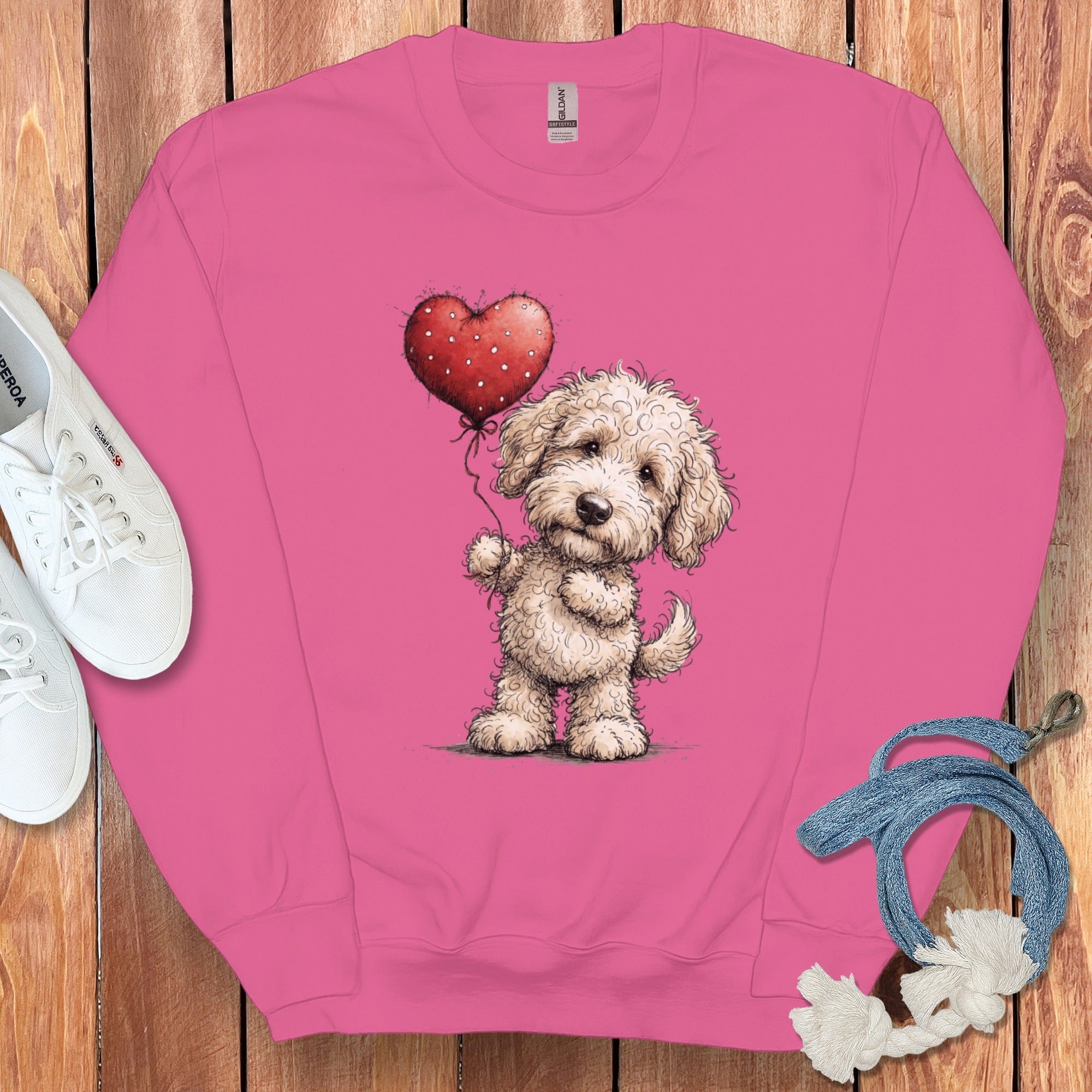 Cream Goldendoodle Heart Sweatshirt in Heliconia / S by Puppy Jo