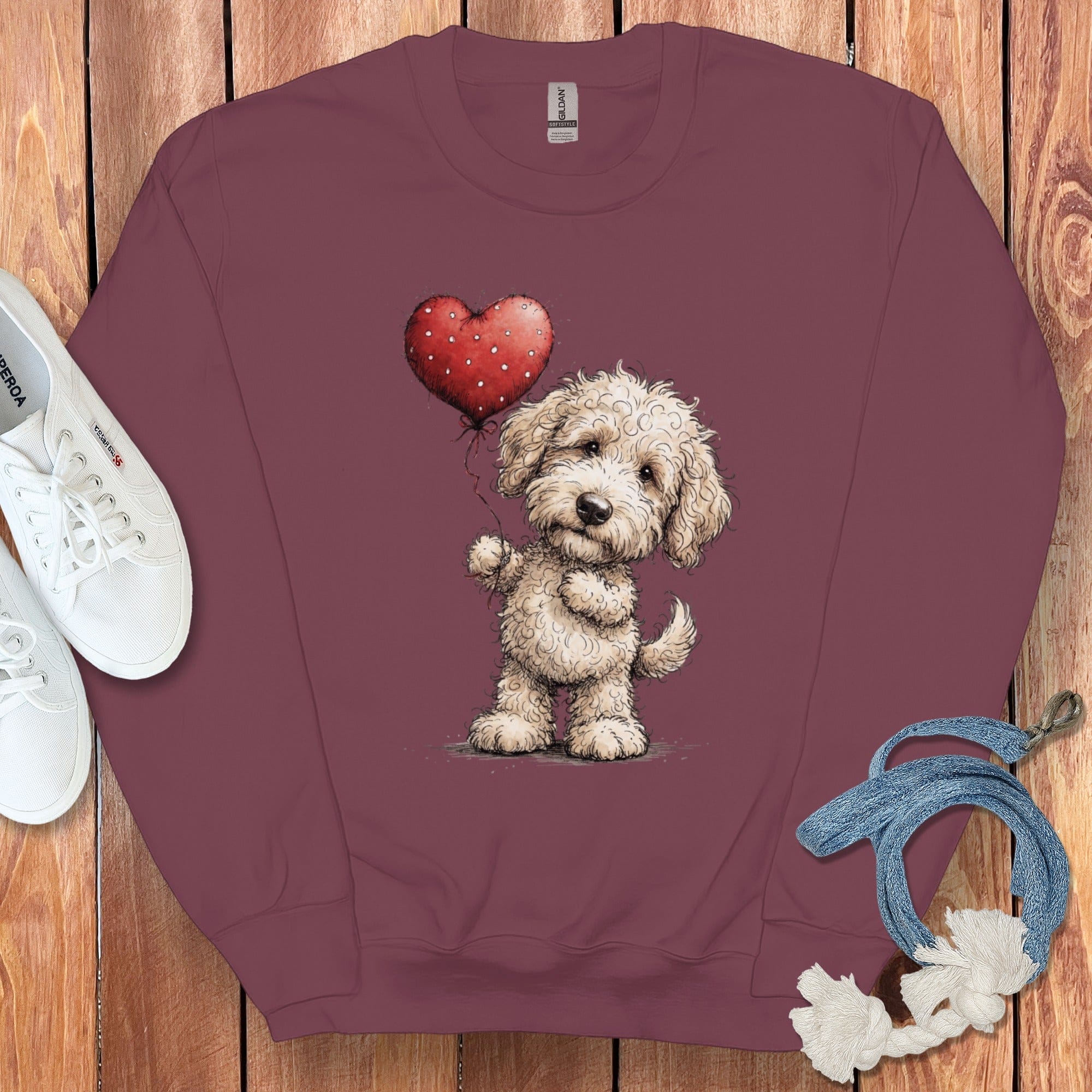 Cream Goldendoodle Heart Sweatshirt in Maroon / S by Puppy Jo