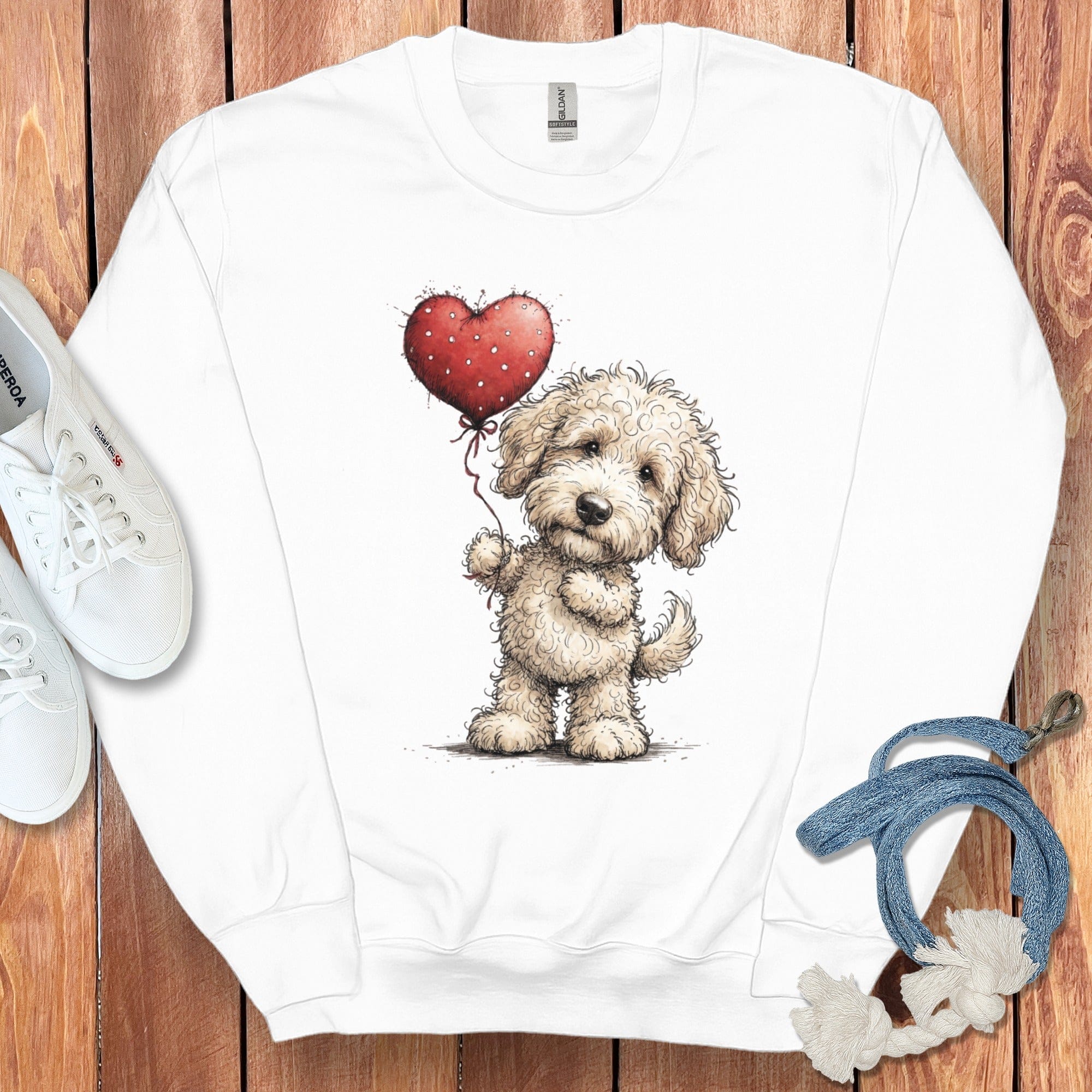 Cream Goldendoodle Heart Sweatshirt in White / S by Puppy Jo