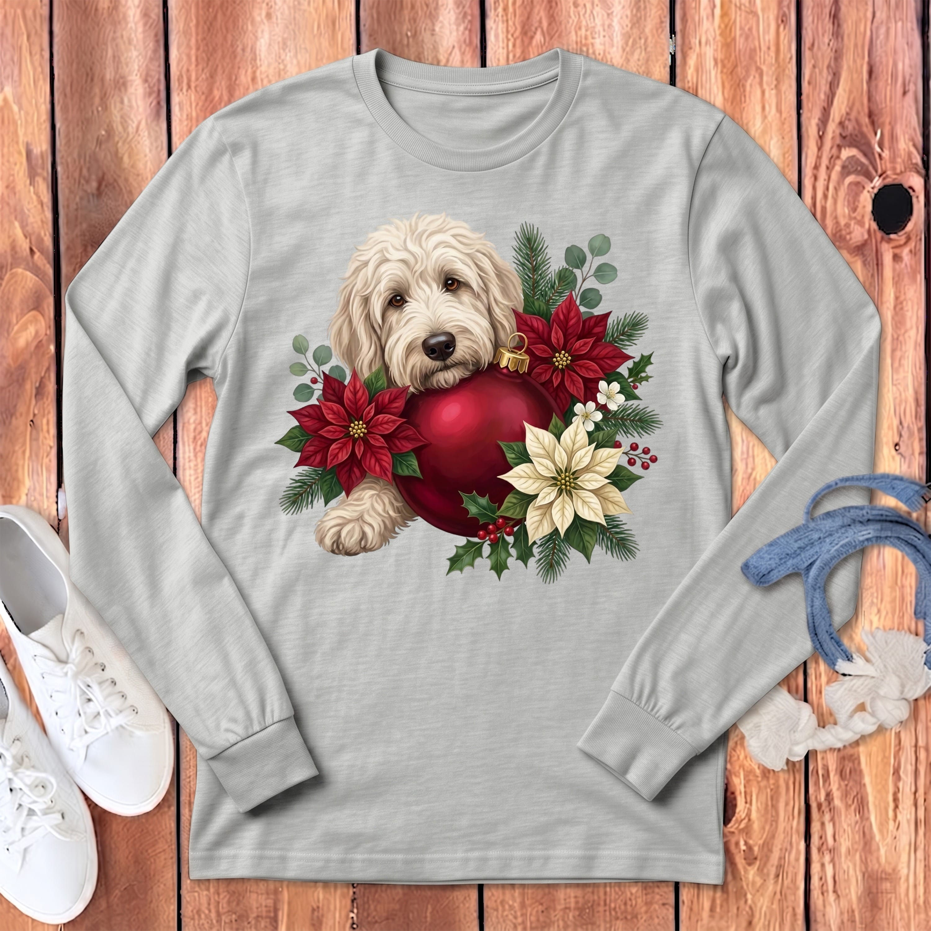 Cream Goldendoodle Holiday Cheer Long Sleeve T-Shirt in Athletic Heather / S by Puppy Jo