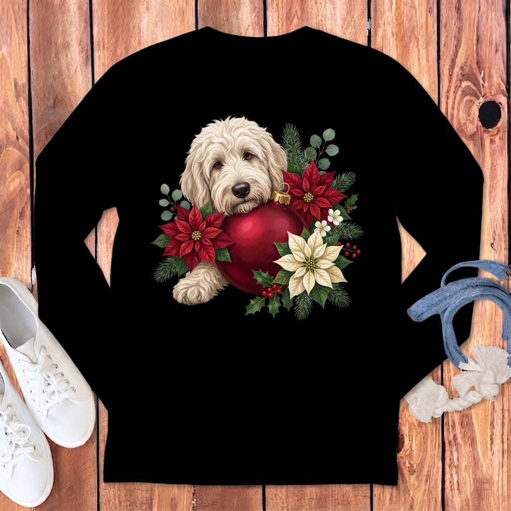 Cream Goldendoodle Holiday Cheer Long Sleeve T-Shirt in Black / S by Puppy Jo