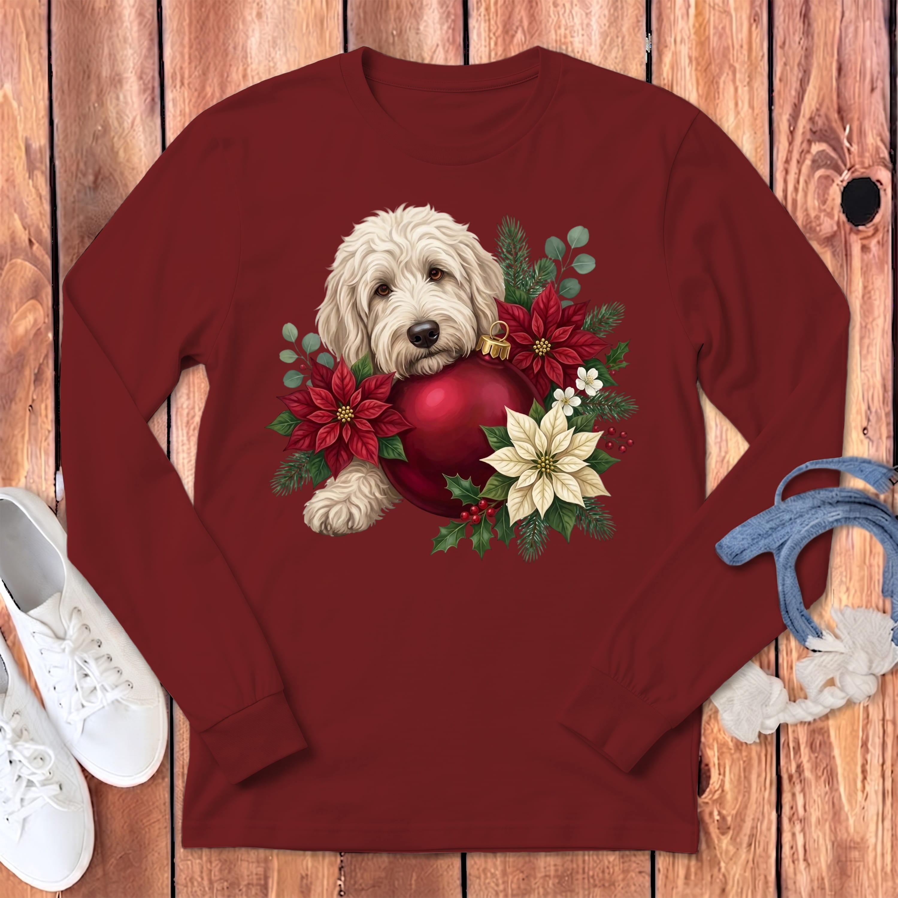 Cream Goldendoodle Holiday Cheer Long Sleeve T-Shirt in Cardinal / S by Puppy Jo