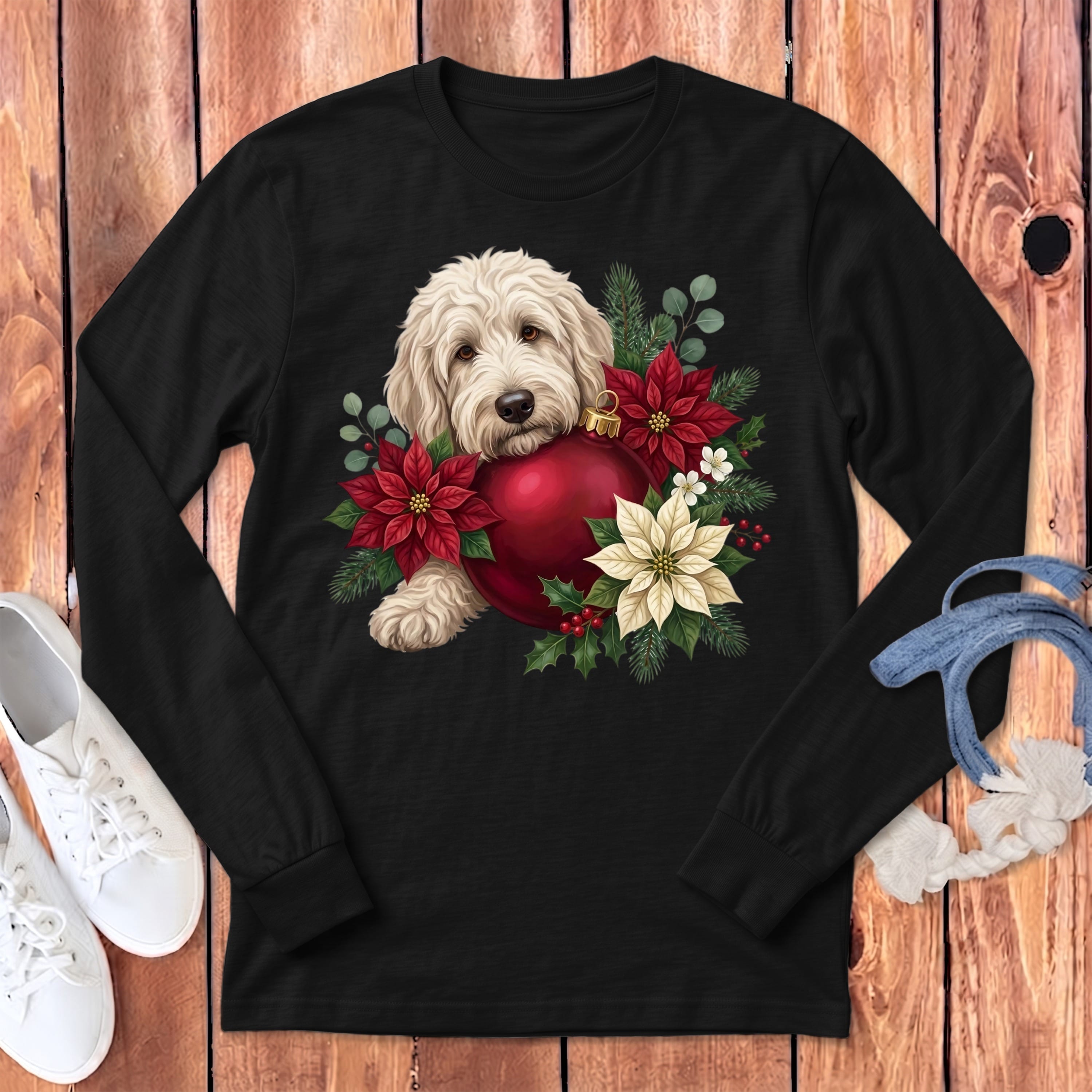 Cream Goldendoodle Holiday Cheer Long Sleeve T-Shirt in Dark Grey Heather / S by Puppy Jo