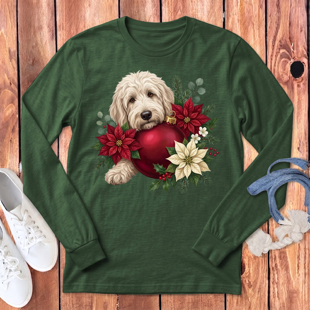 Cream Goldendoodle Holiday Cheer Long Sleeve T-Shirt in Heather Forest / S by Puppy Jo