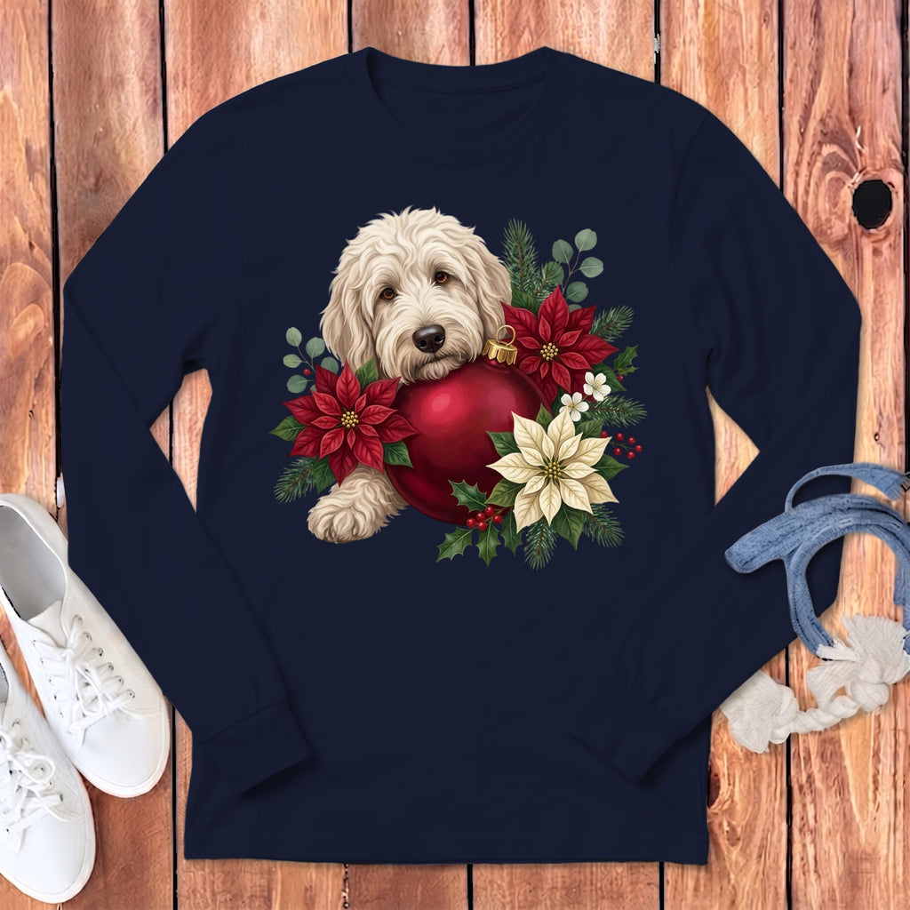 Cream Goldendoodle Holiday Cheer Long Sleeve T-Shirt in Navy / S by Puppy Jo
