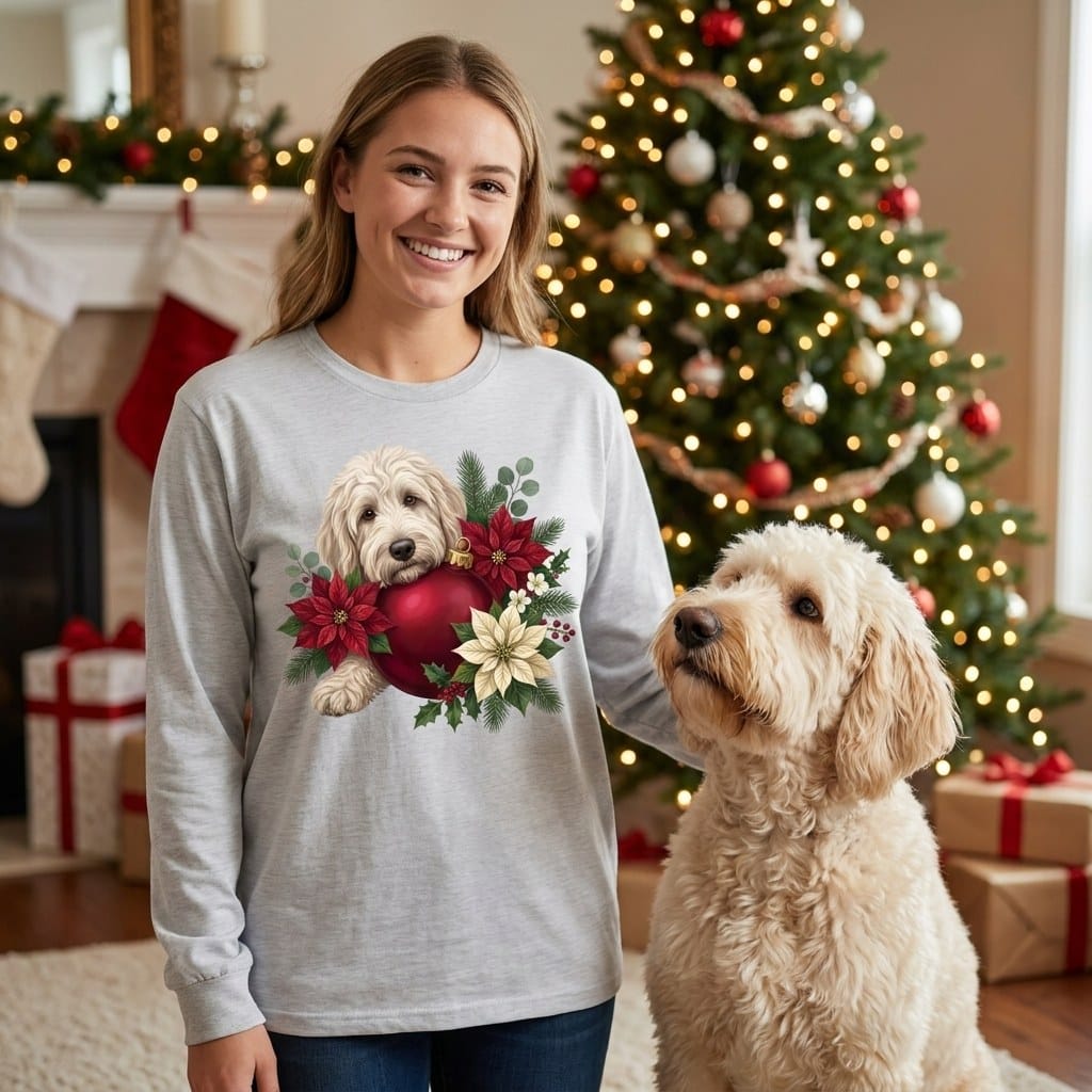 Cream Goldendoodle Holiday Cheer Long Sleeve T-Shirt in by Puppy Jo