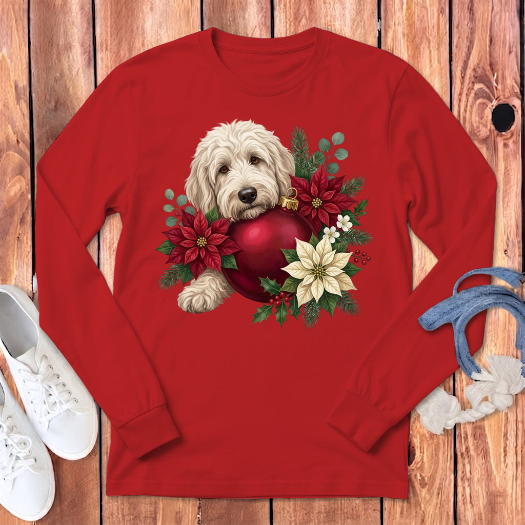 Cream Goldendoodle Holiday Cheer Long Sleeve T-Shirt in Red / S by Puppy Jo