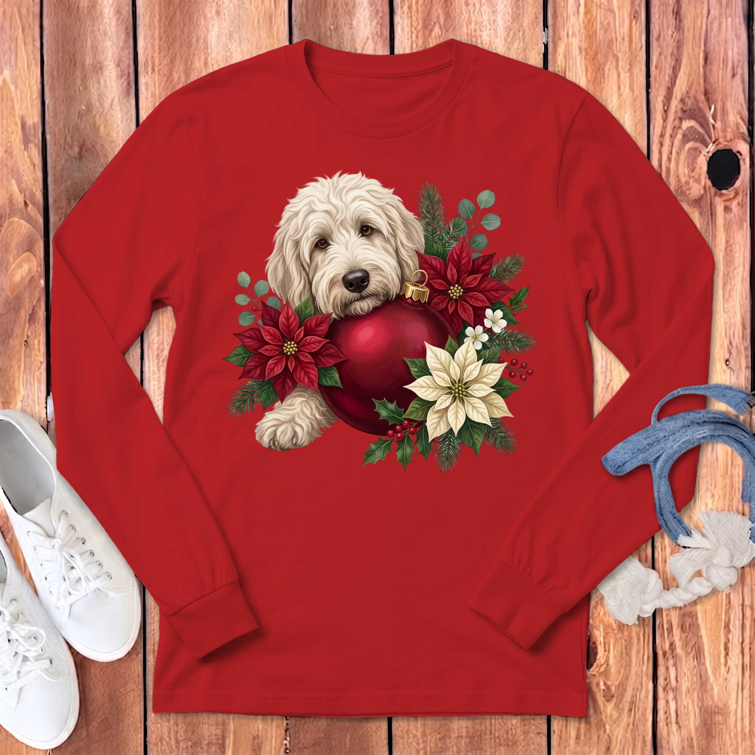 Cream Goldendoodle Holiday Cheer Long Sleeve T-Shirt in Red / S by Puppy Jo