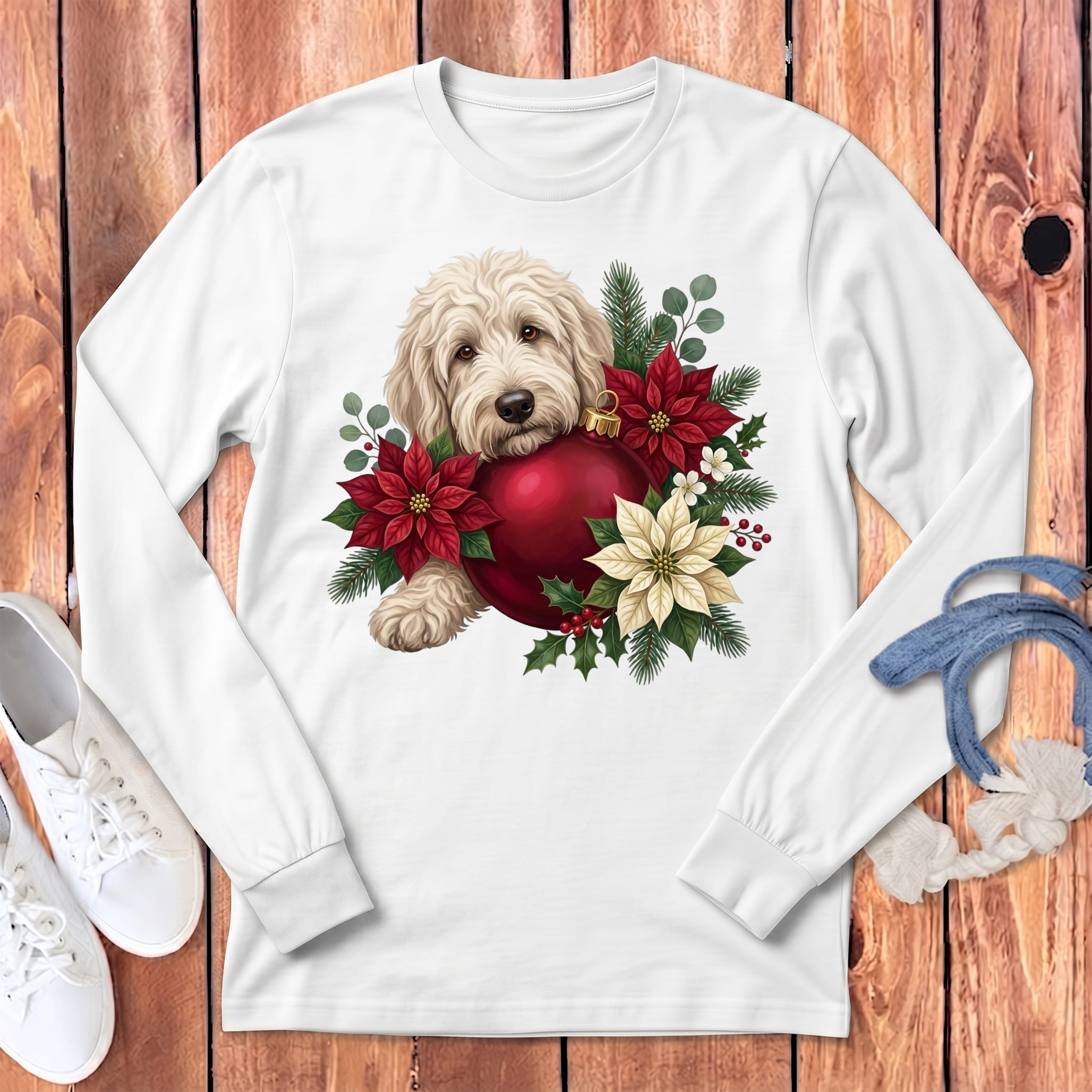 Cream Goldendoodle Holiday Cheer Long Sleeve T-Shirt in White / S by Puppy Jo