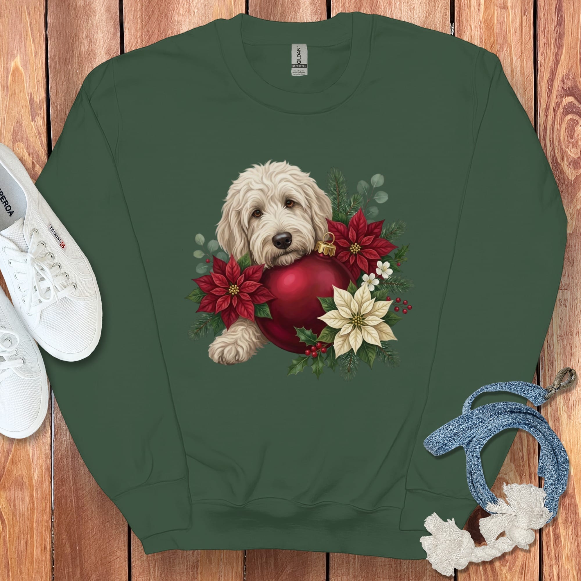 Cream Goldendoodle Holiday Cheer Sweatshirt in Forest Green / S by Puppy Jo