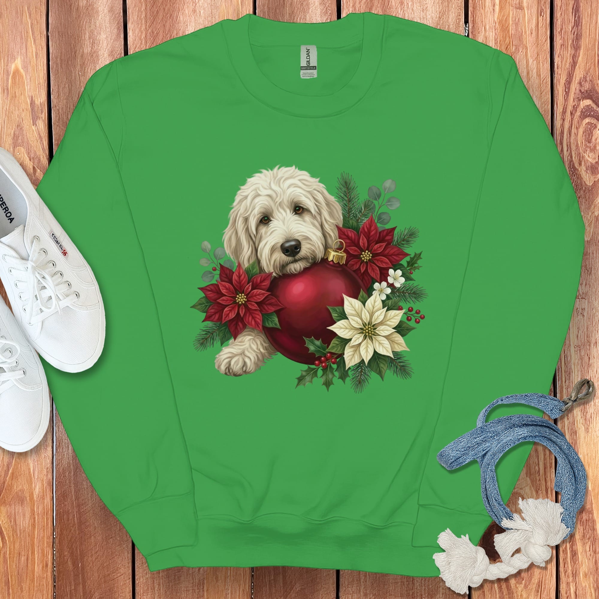 Cream Goldendoodle Holiday Cheer Sweatshirt in Irish Green / S by Puppy Jo